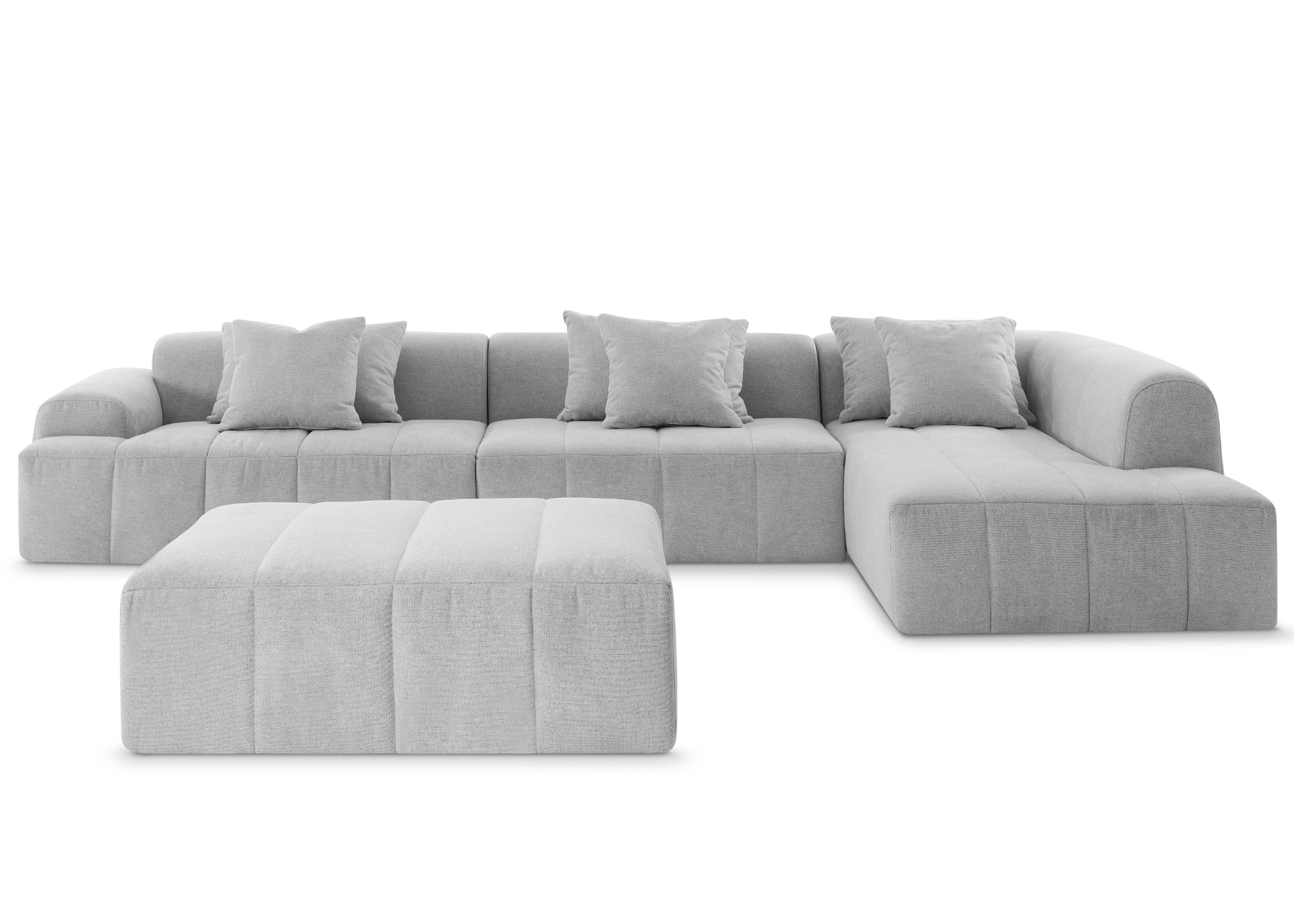 Vista frontal do Sofá Perez, destacando seu design moderno e espaçoso.