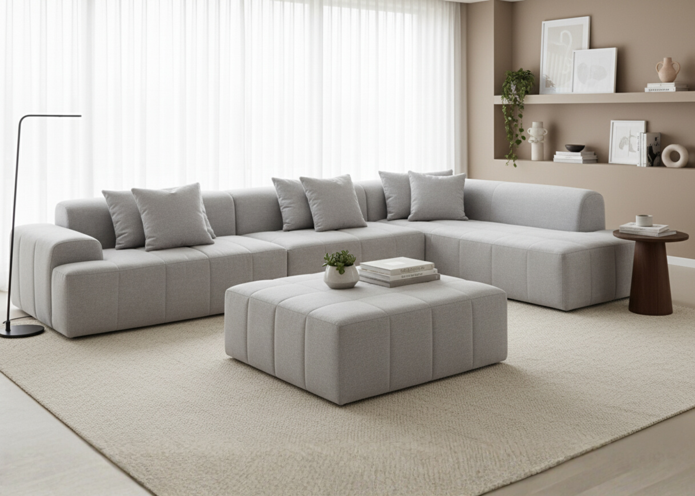 Sofá Perez com revestimento em tecido cinza, ideal para compor um ambiente sofisticado. Combina conforto e elegância em um design contemporâneo e acolhedor.