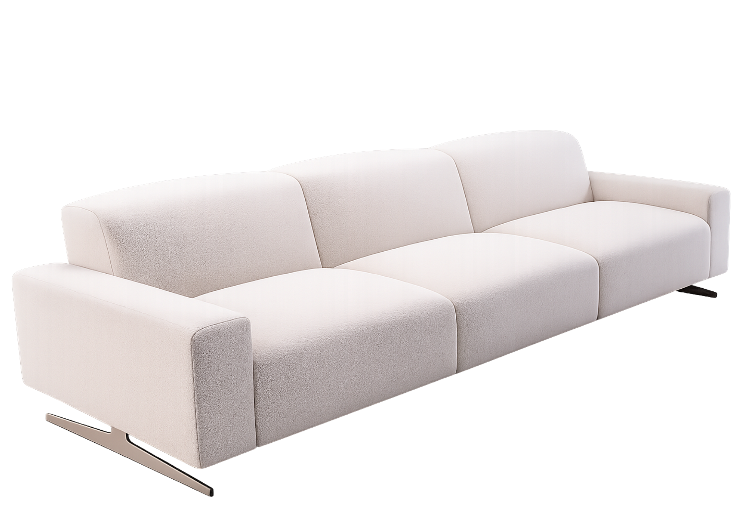 Sofá Polaris com base em pintura pérola fosca e revestimento off white, apresentando design sofisticado e confortável, ideal para compor ambientes modernos e refinados.