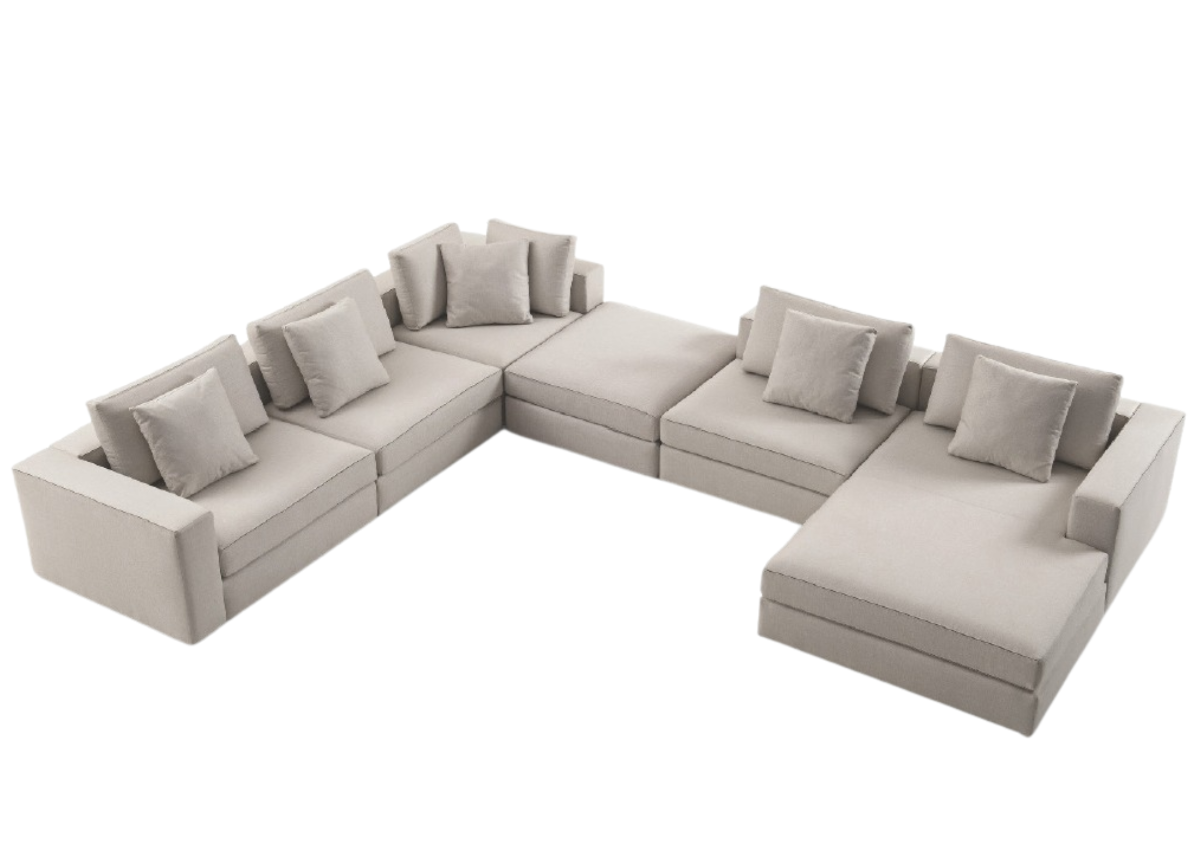 Sofá Portofino modulado com revestimento bege claro, apresentando design elegante e sofisticado, ideal para compor ambientes modernos e acolhedores.