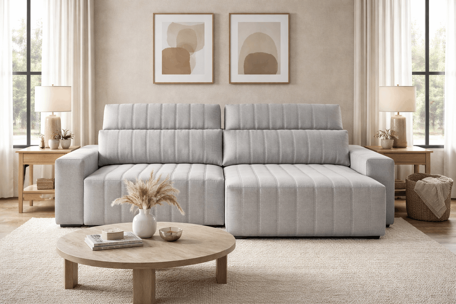 Sofá Retrátil Ravena moderno em tecido claro, modelo espaçoso com visual contemporâneo e acolhedor.