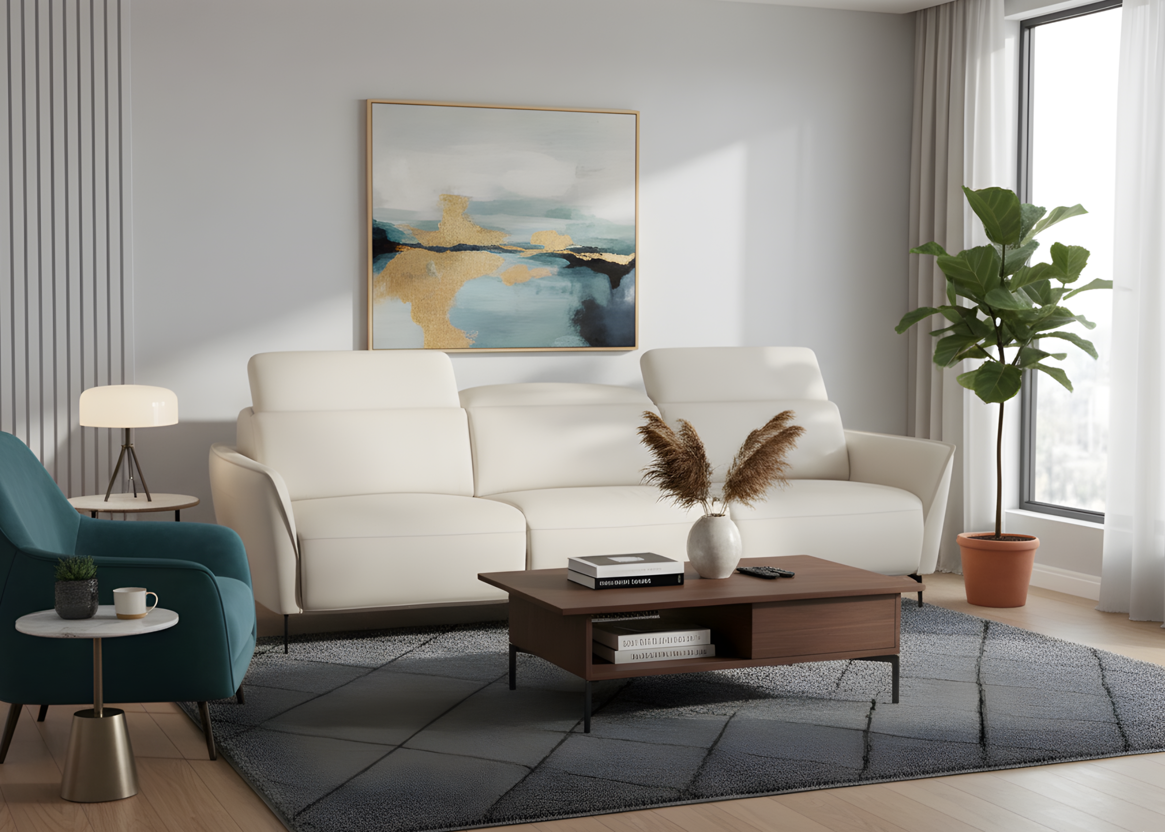 Sofá reclinável automatizado de três lugares, revestido em couro natural, com base em aço carbono e design moderno da linha Belluci.