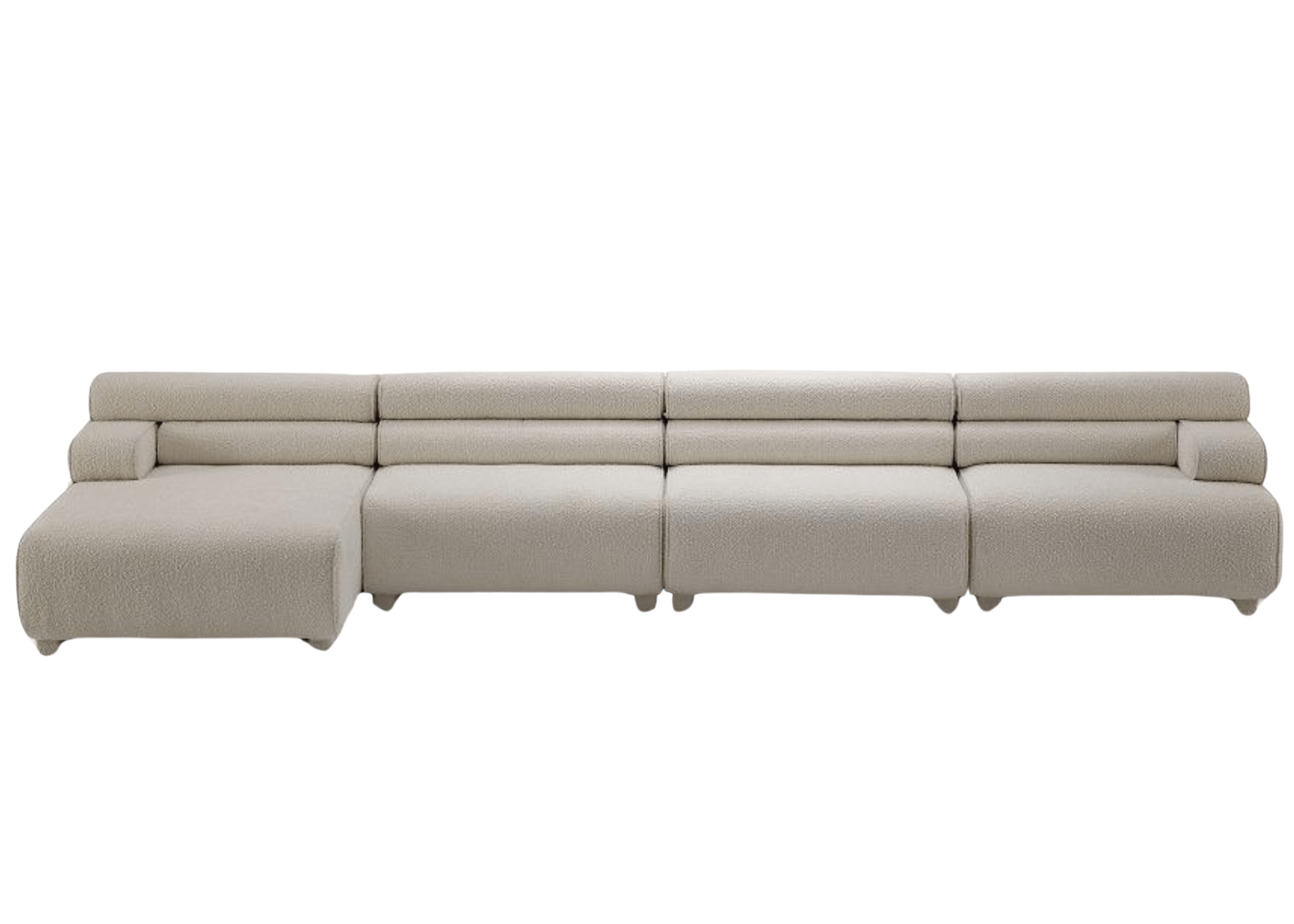 Sofá retrátil grande de quatro lugares em bouclé off-white, ideal para salas de estar espaçosas e sofisticadas. Combina conforto máximo com design contemporâneo e acabamento elegante.