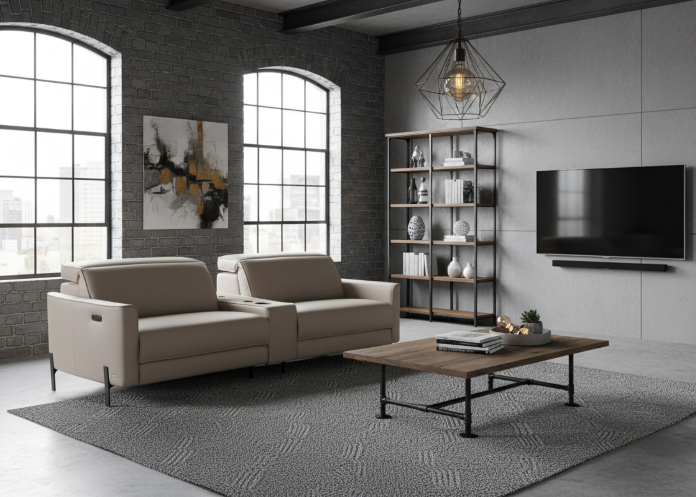 Sofá modelo Romanno com sistema automatizado, dois lugares e revestido em couro natural, ideal para salas de estar modernas.