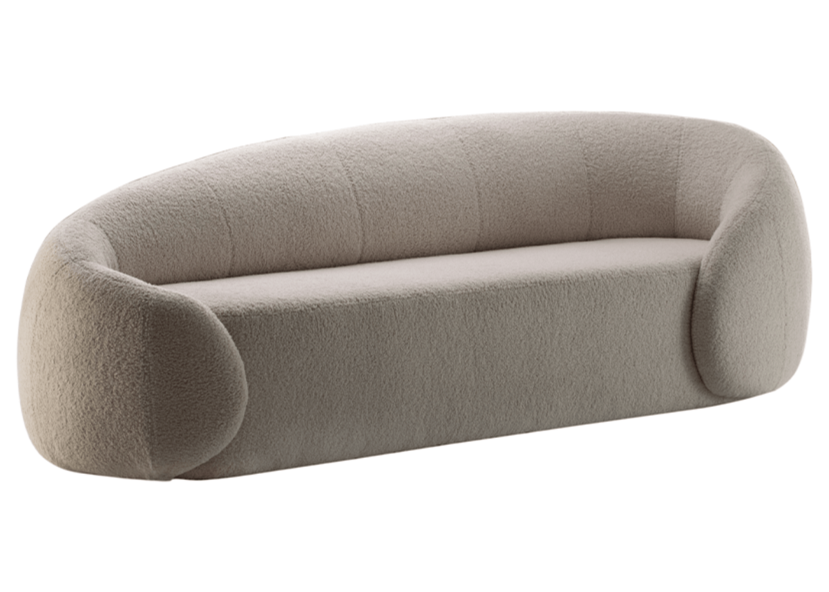 Sofá sofisticado modelo Pandora em tecido elegante com design clean e acabamento refinado, vista frontal sobre fundo neutro. Móvel contemporâneo e acolhedor, ideal para salas de estar modernas.