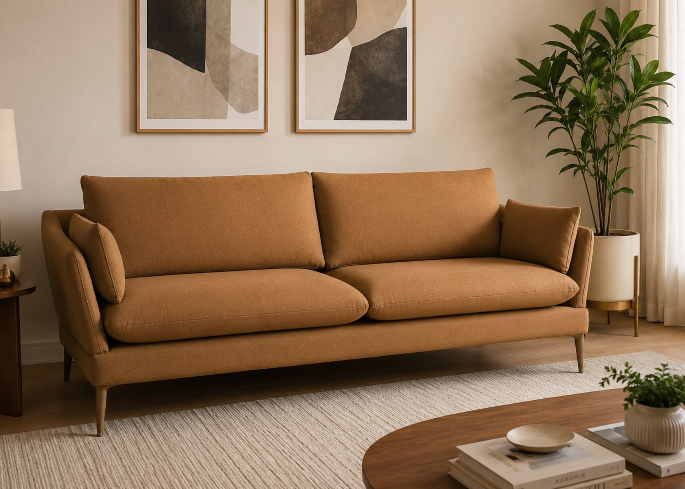 Sofá Tokyo de dois lugares com revestimento caramelo, apresentando design rústico e sofisticado, ideal para compor salas de estar aconchegantes e elegantes.