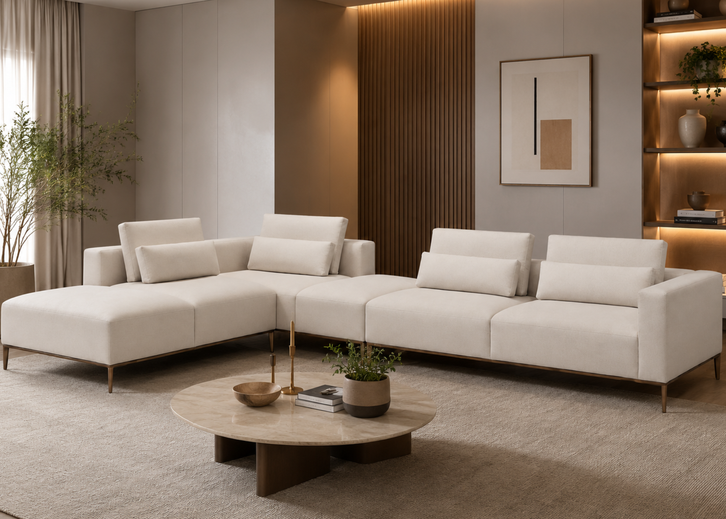 Sofá Toscana em sala moderna com design luxuoso e sofisticado, ideal para compor ambientes elegantes e acolhedores.