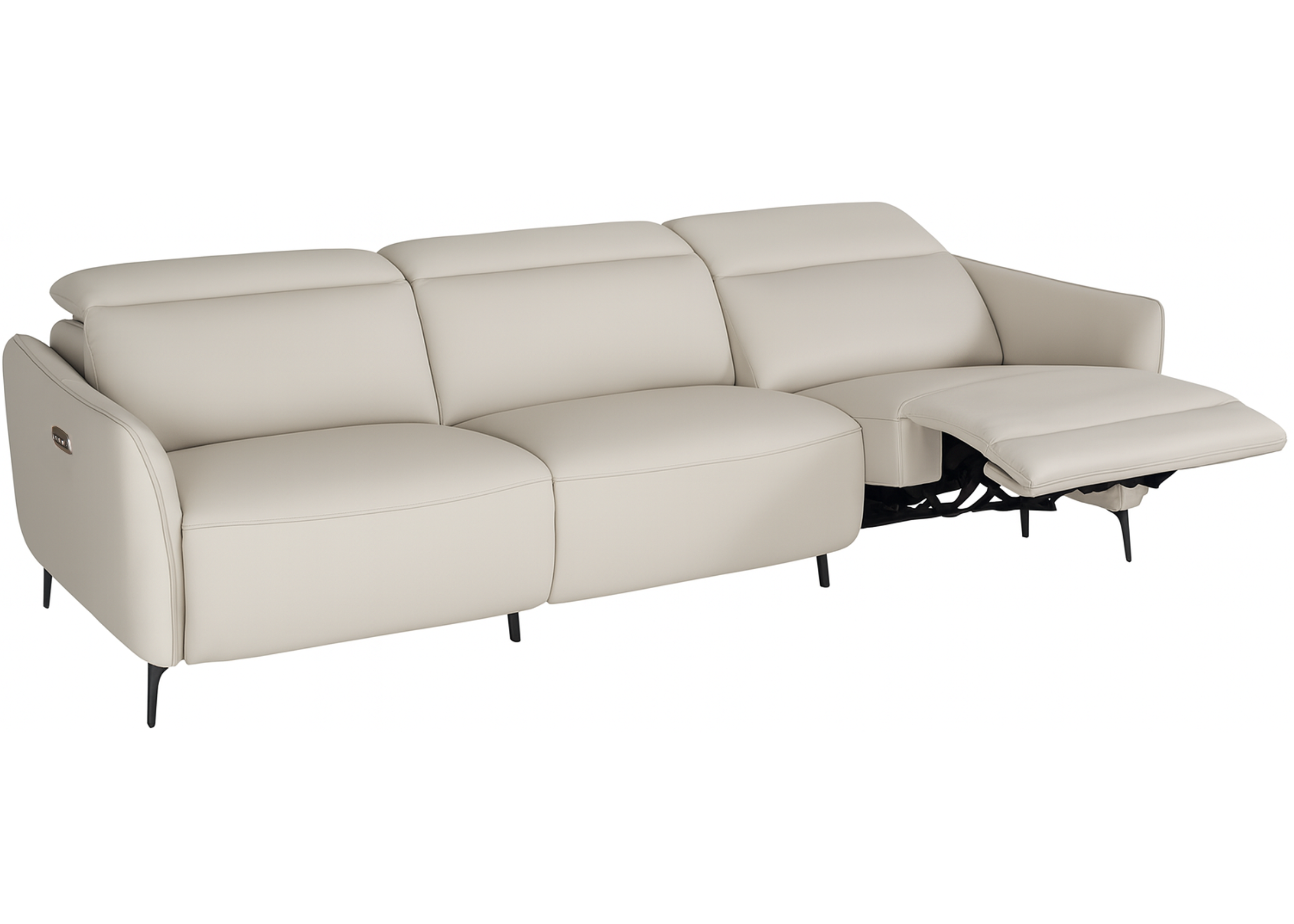 Sofá três lugares moderno com sistema automatizado, revestido em couro natural na cor off-white e base em aço carbono, oferecendo design contemporâneo e alto conforto para salas de estar.