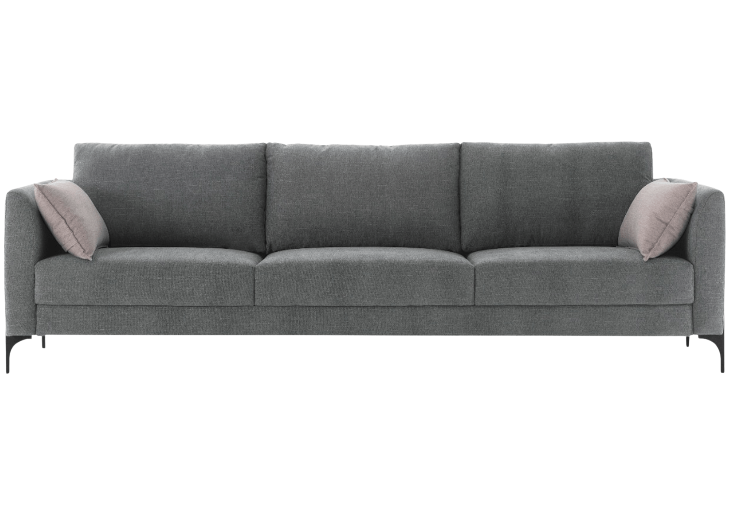 Sofá de três lugares fixo com estofado em suede cinza escuro, modelo Alondo, perfeito para ambientes modernos e sofisticados, oferecendo conforto e elegância.