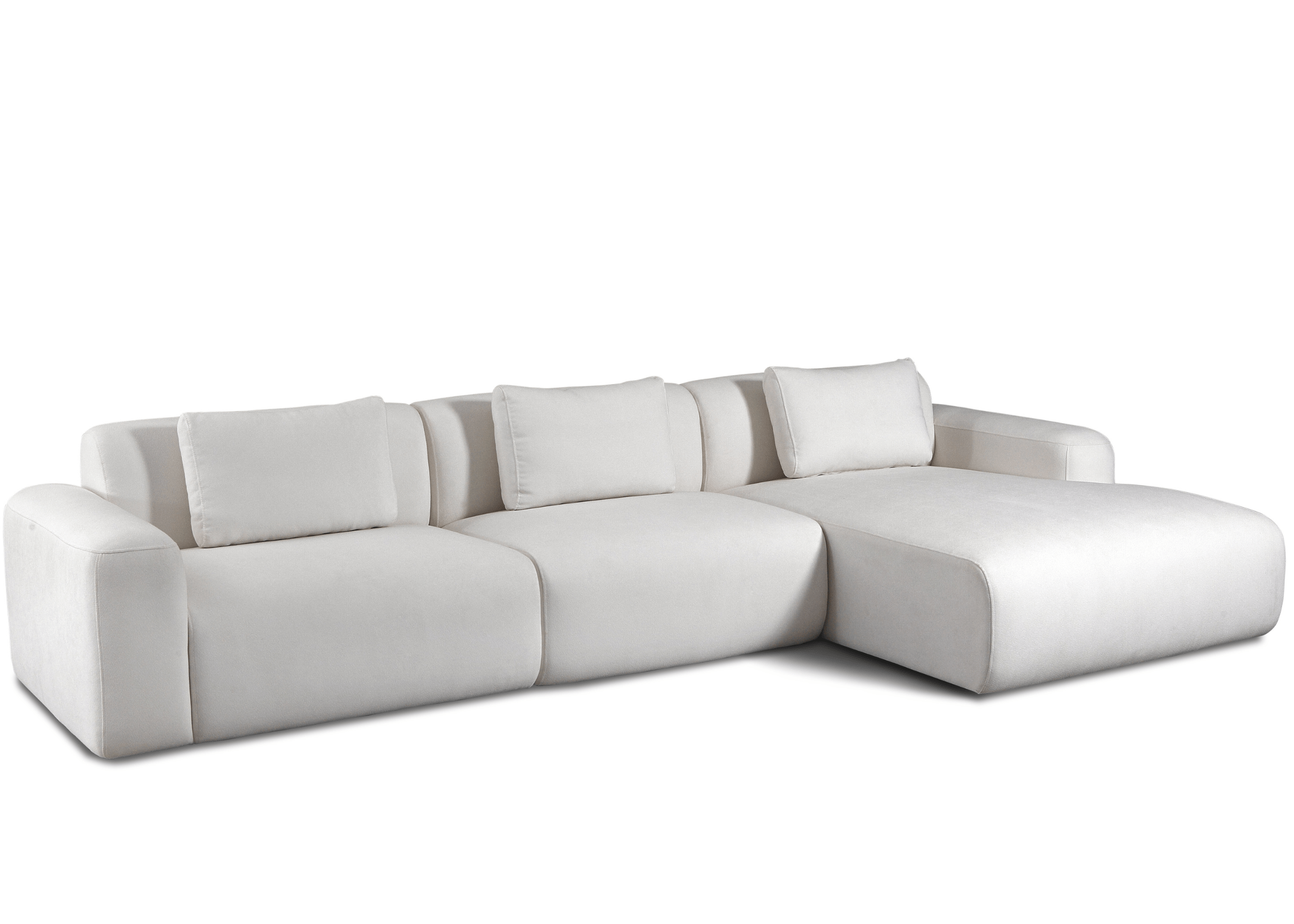 Sofá de três lugares em tecido branco com chaise lateral, ideal para salas de estar modernas. Design clean e funcional que oferece conforto e elegância para ambientes contemporâneos.