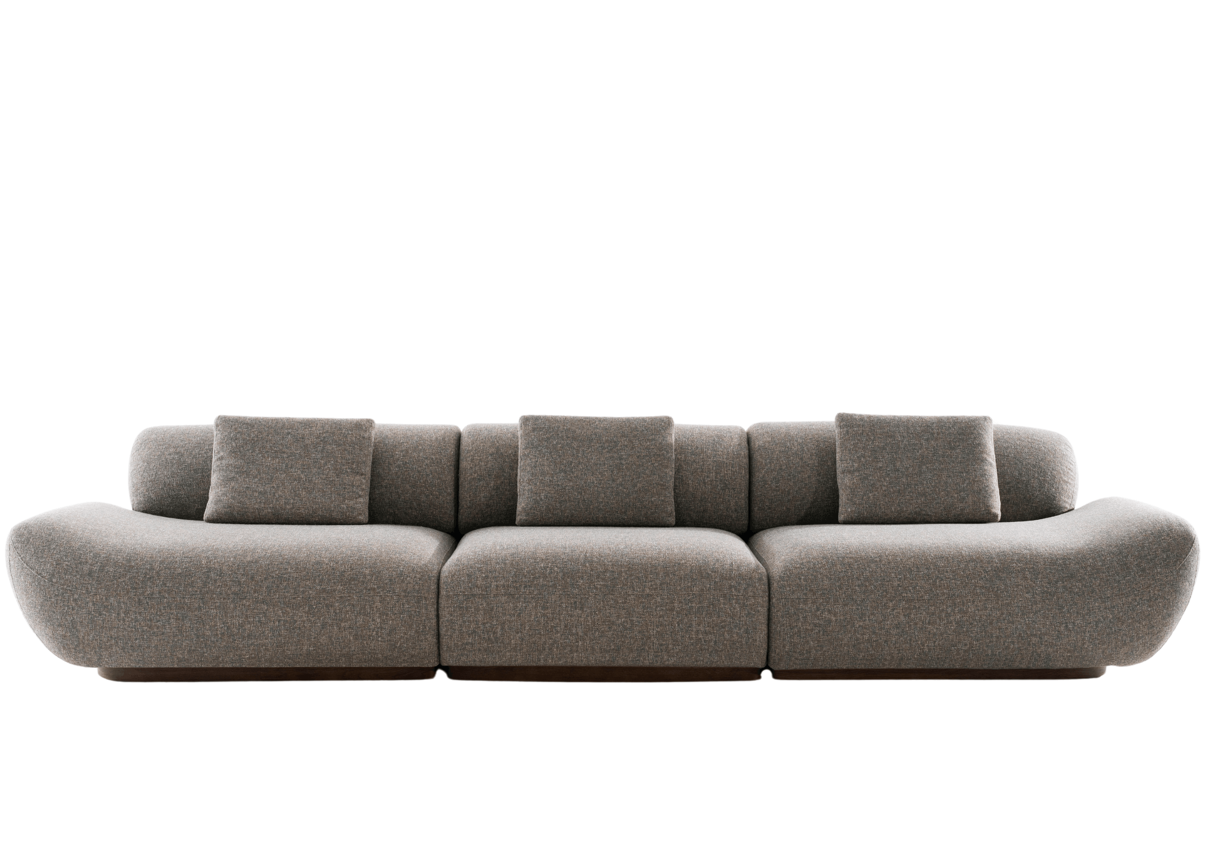 Detalhe do sofá Welle com curvas orgânicas, acabamento refinado e base em madeira escura levemente elevada.