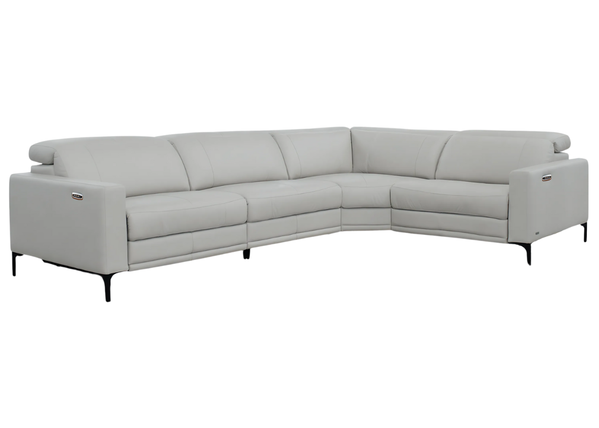 Sofá em couro natural cinza com ajuste automático e conforto ergonômico.