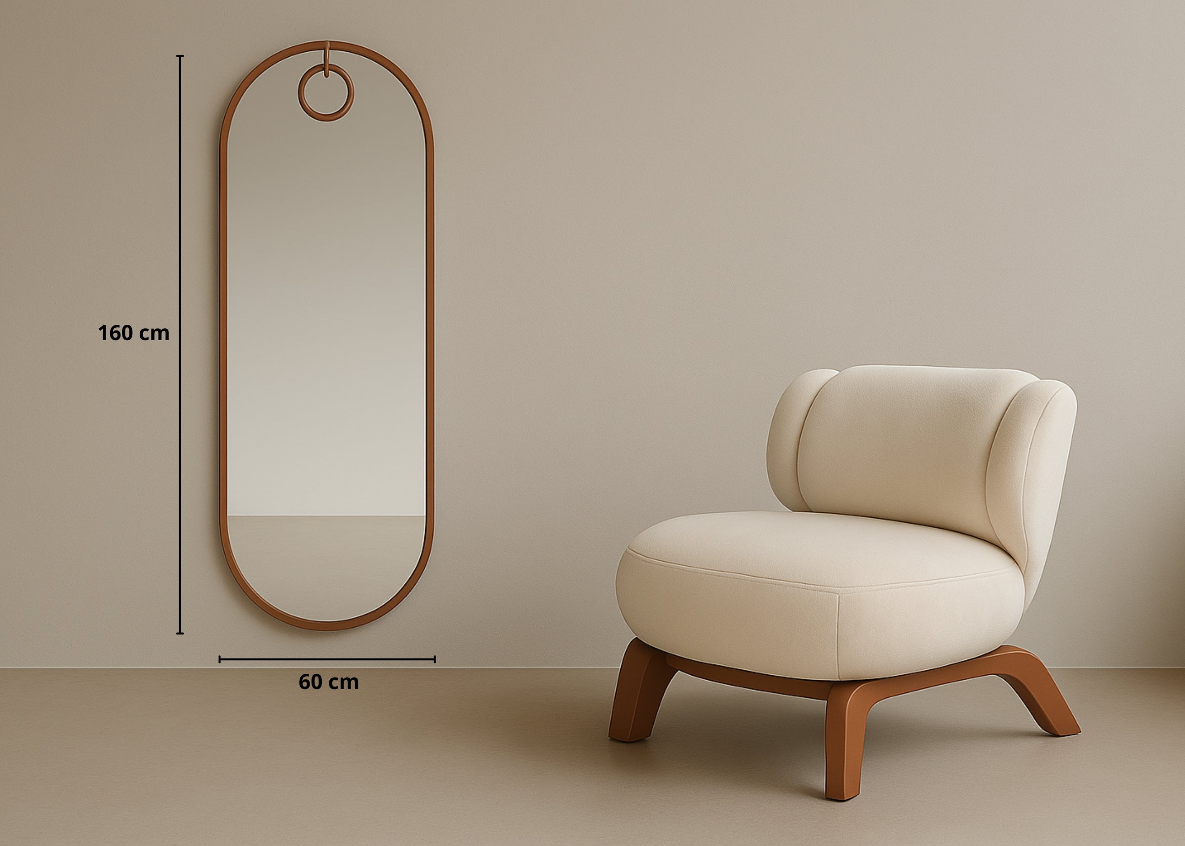 Espelho Oblongo Arthemis de 160x60 cm fixado na parede. Formato cápsula, destaca-se como peça decorativa de design contemporâneo.