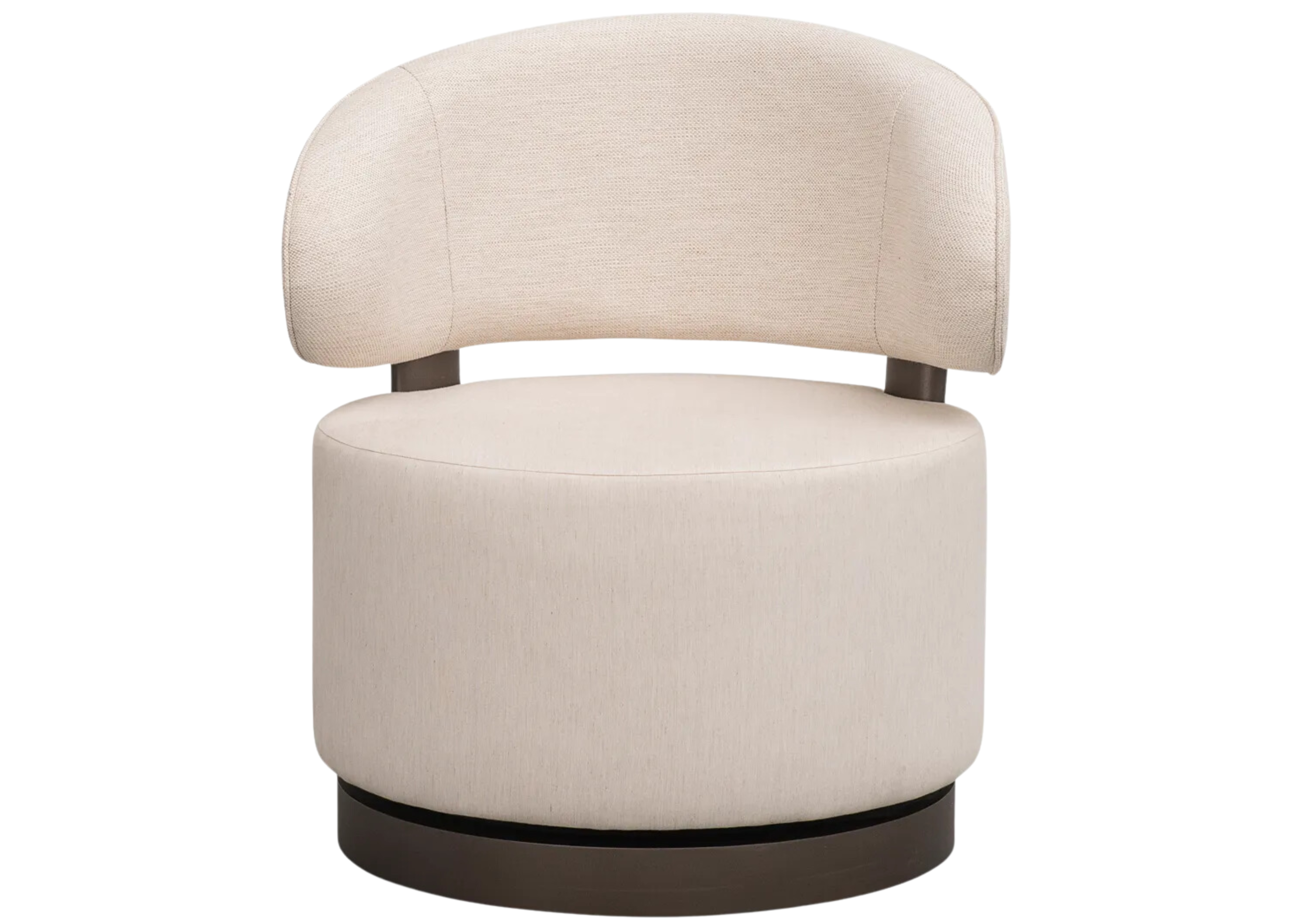 Poltrona Giratória Redonda Zayn vista de frente com assento estofado e encosto envolvente, ideal para decoração moderna.