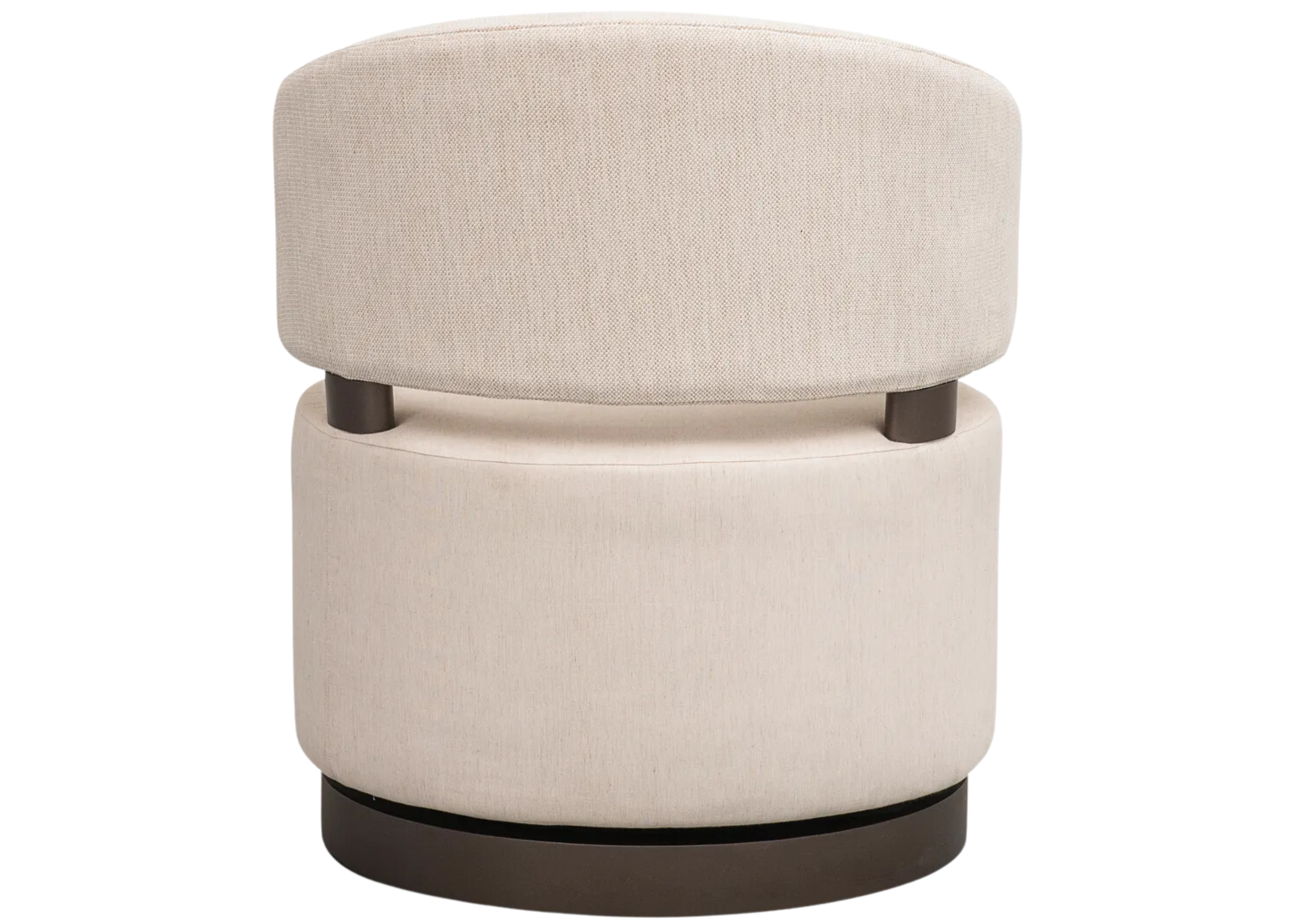 Parte traseira da Poltrona Giratória Redonda Zayn com base escura e estofado claro.