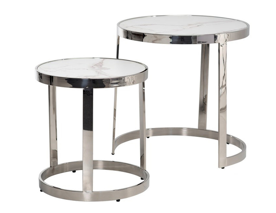 Mesa Lateral Vegas com tampo de vidro marmorizado e base em aço inox, um toque de luxo.