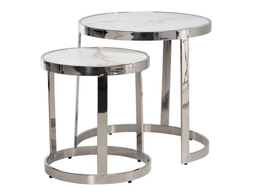 Mesa Lateral Vegas em aço inox com tampo em MDF e vidro colado de 4 mm.