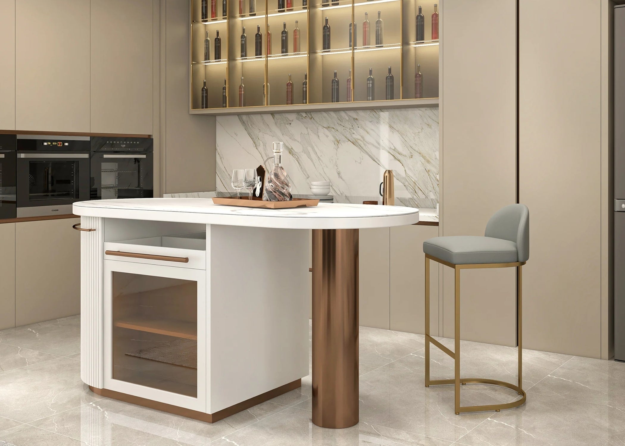 Banqueta alta com design moderno em ilha sofisticado, versatilidade e estilo na decoração de interiores.