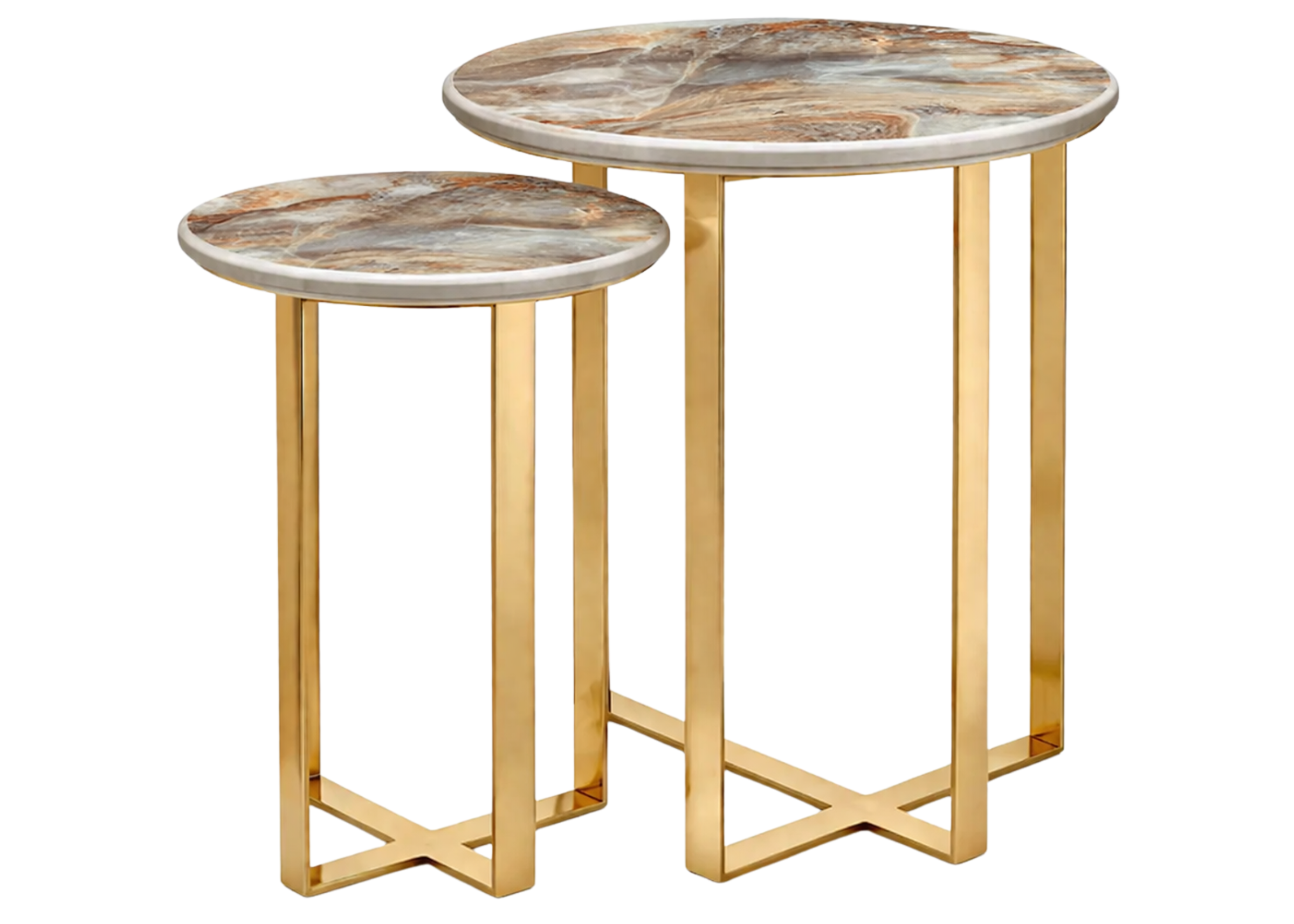 Conjunto Dreams com duas mesas laterais e base em inox dourado, composição versátil para salas de estar refinadas.