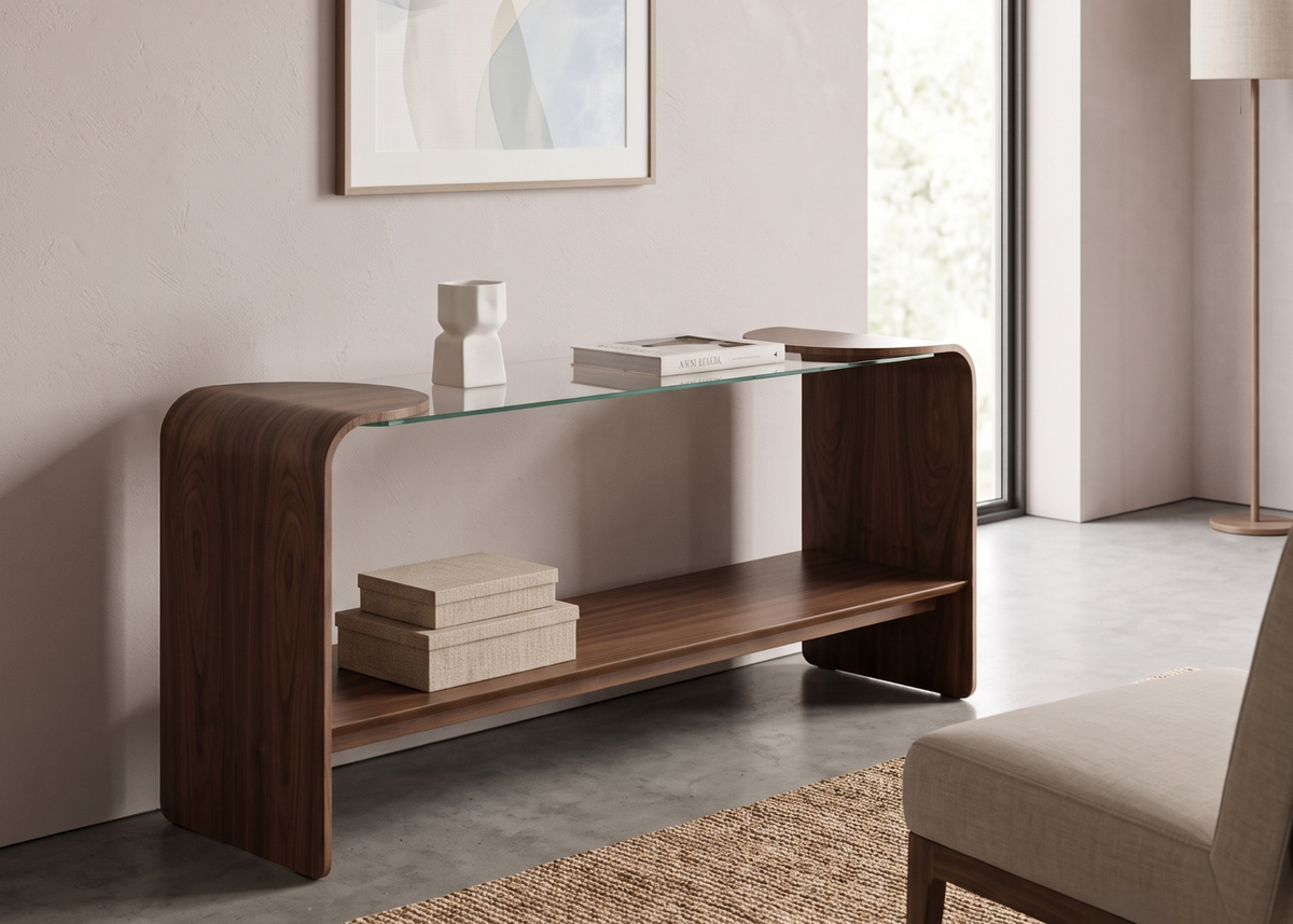 Aparador Arven com acabamento em lâmina de madeira e tampo transparente em vidro incolor, unindo elegância e funcionalidade.