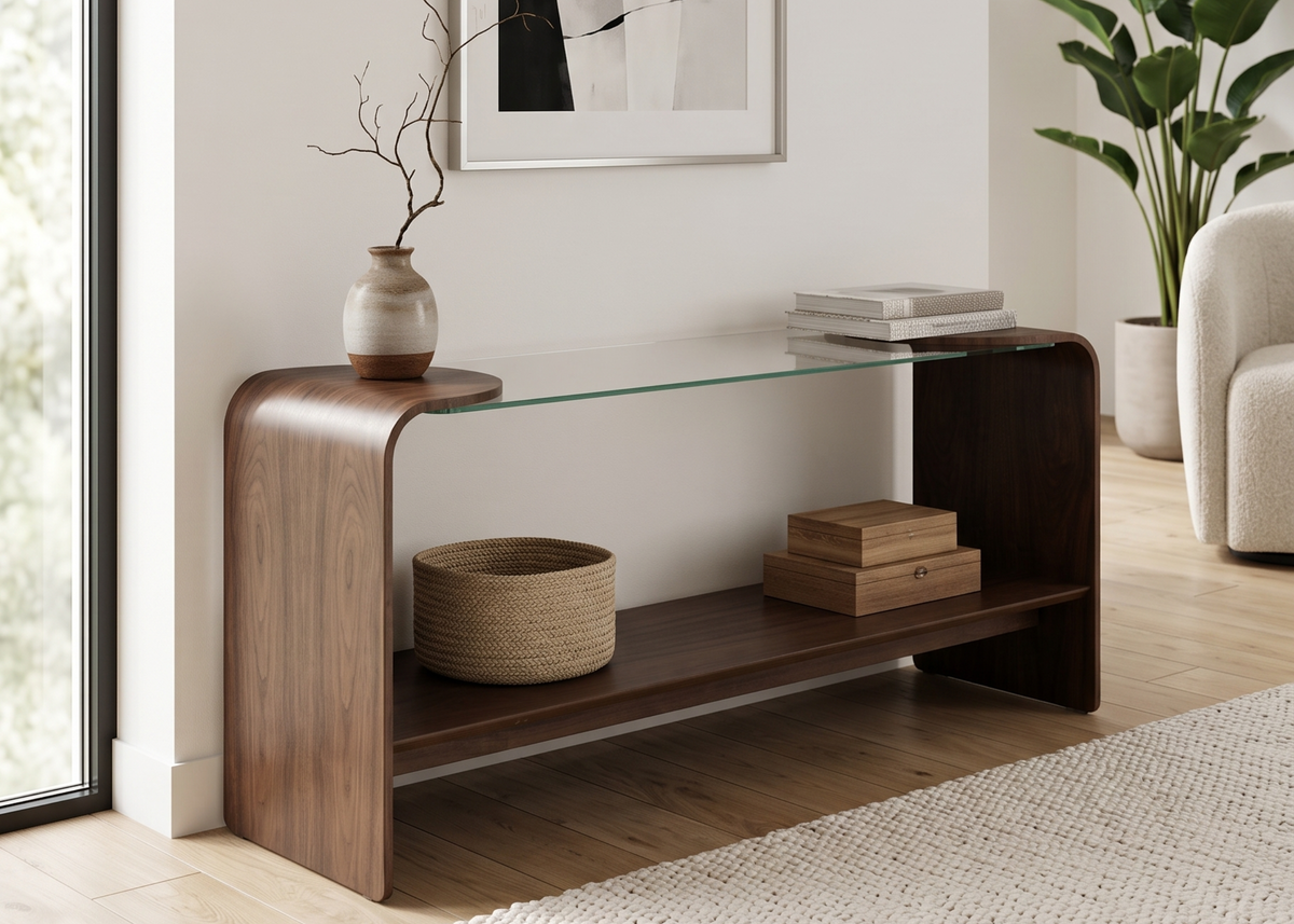 Aparador Arven em madeira com tampo de vidro incolor, linhas curvas e design sofisticado para decoração moderna.