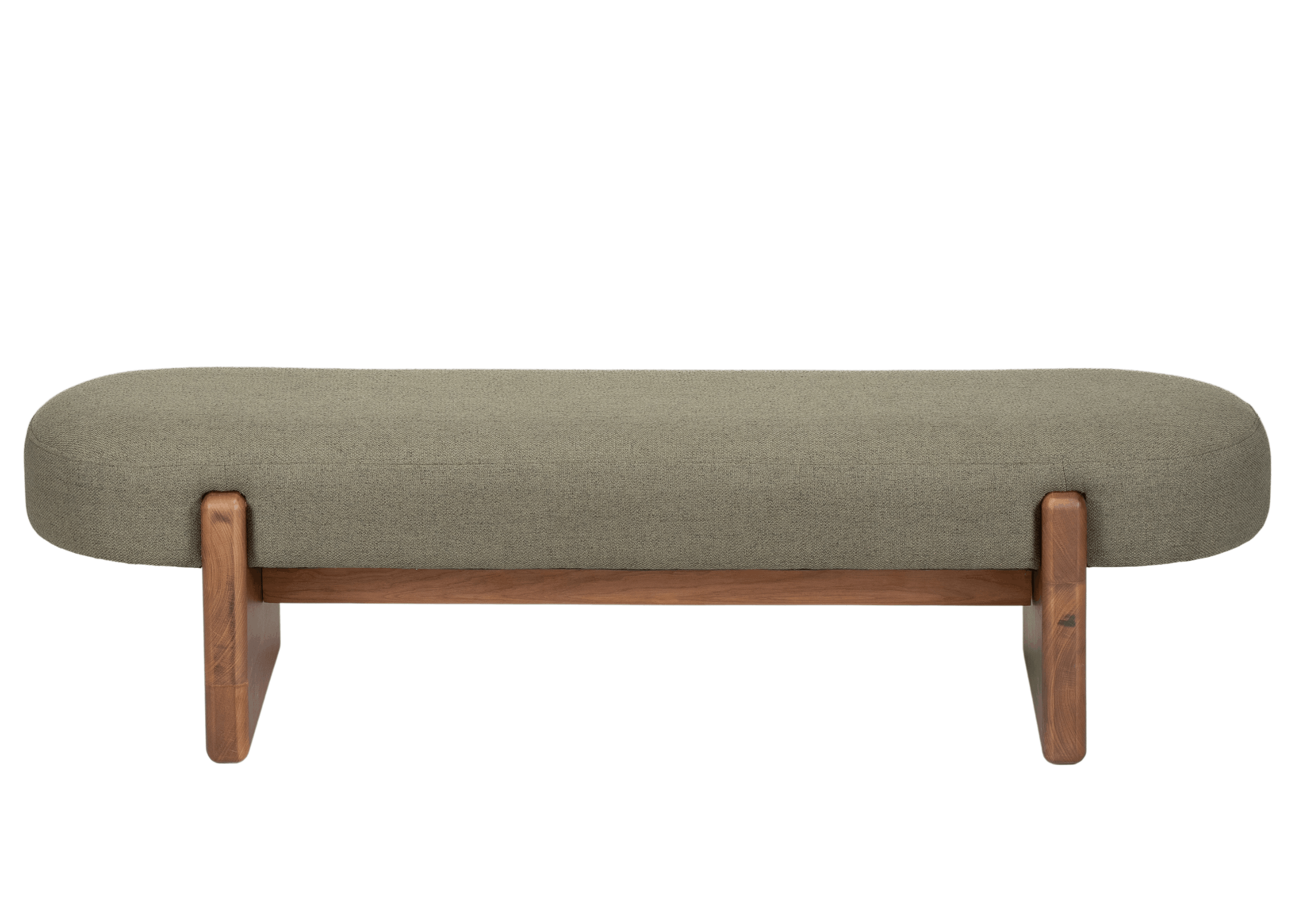 Banco Clara com assento estofado verde e base em madeira natural, design orgânico e elegante para sala e hall.