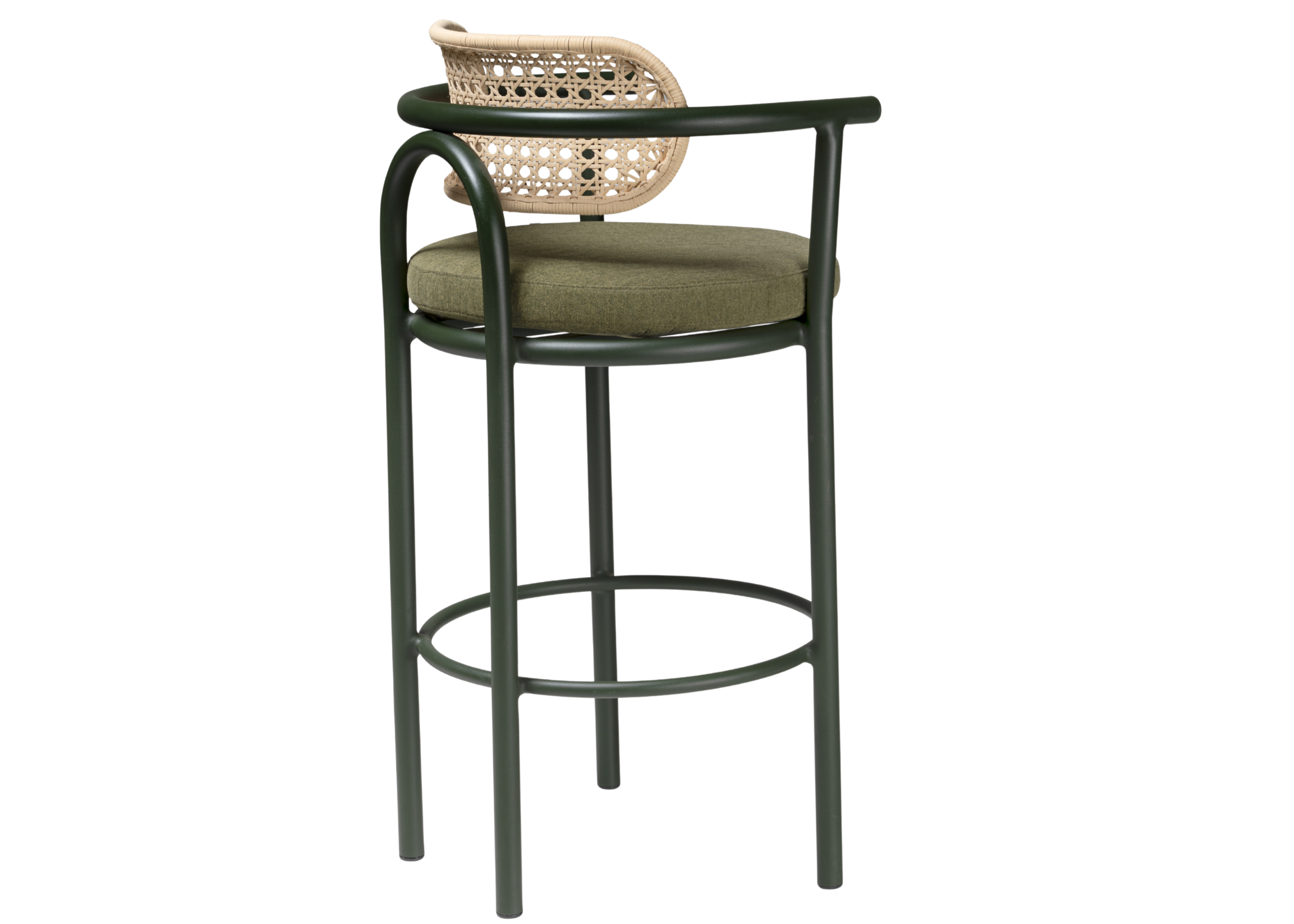 Banqueta para área externa com estrutura metálica pintada, encosto em palhinha e assento estofado confortável