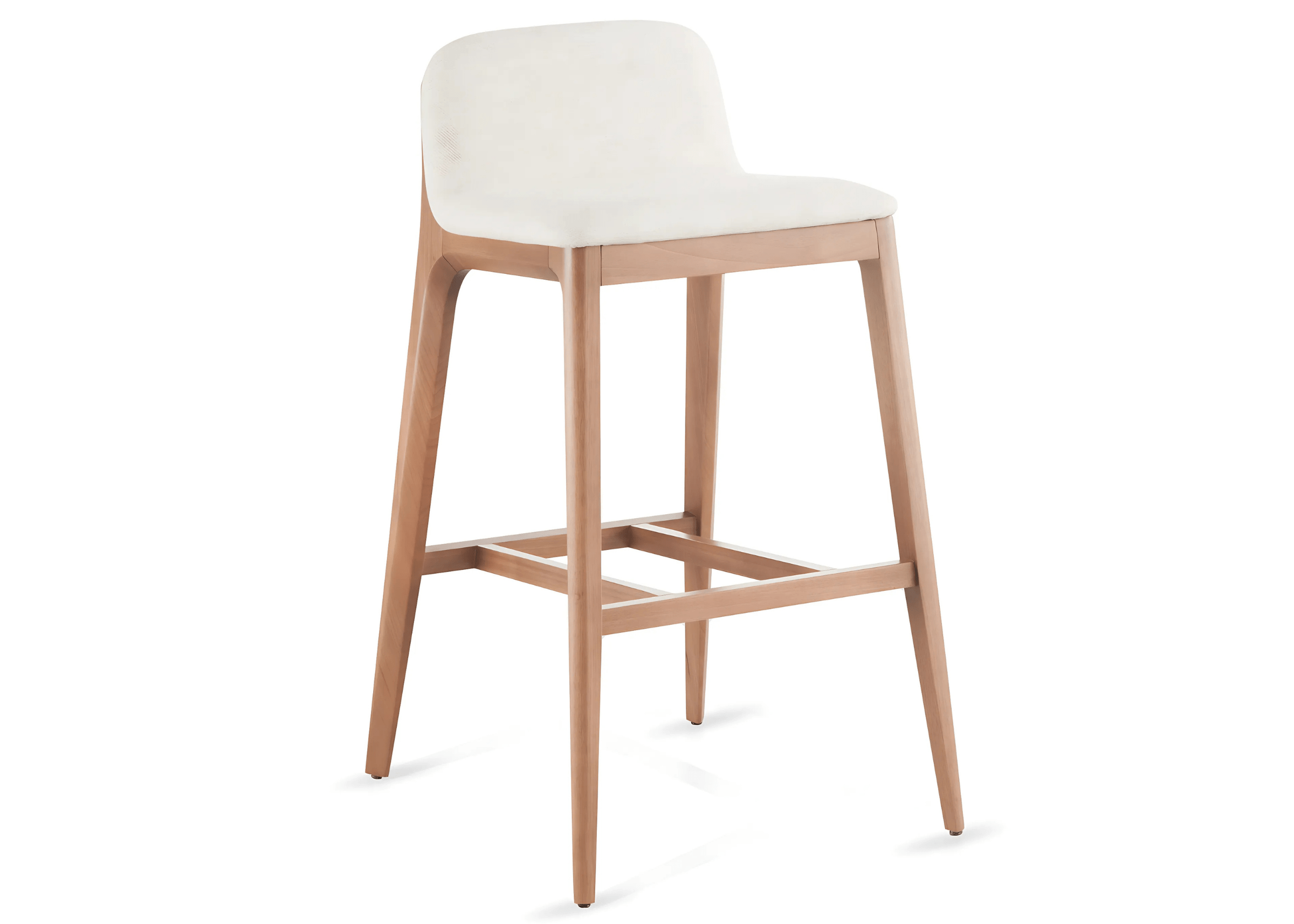Banqueta Austin com assento estofado branco e base em madeira.