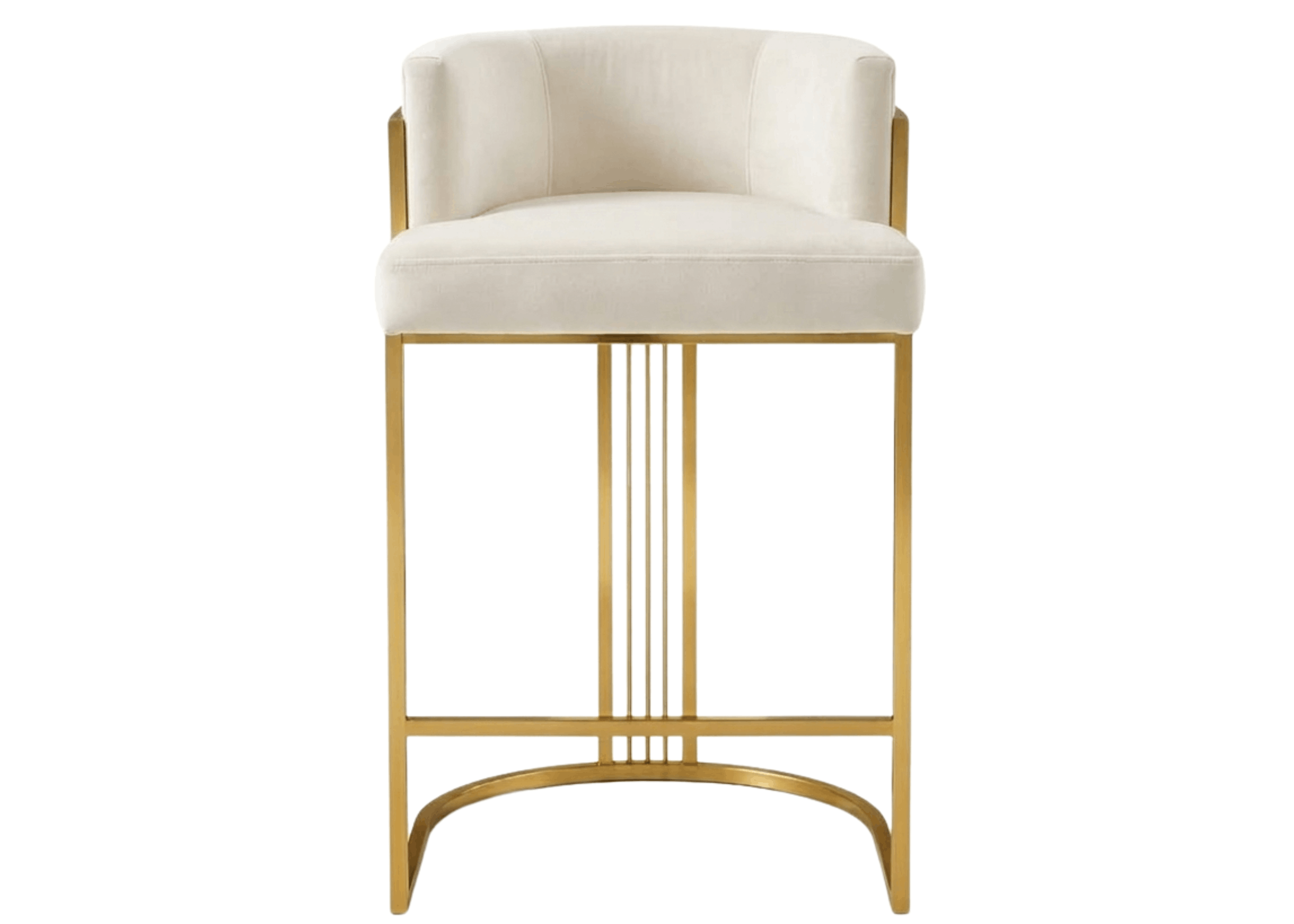 Banqueta Charme com base em aço dourado e assento estofado claro, design moderno para cozinhas sofisticadas.