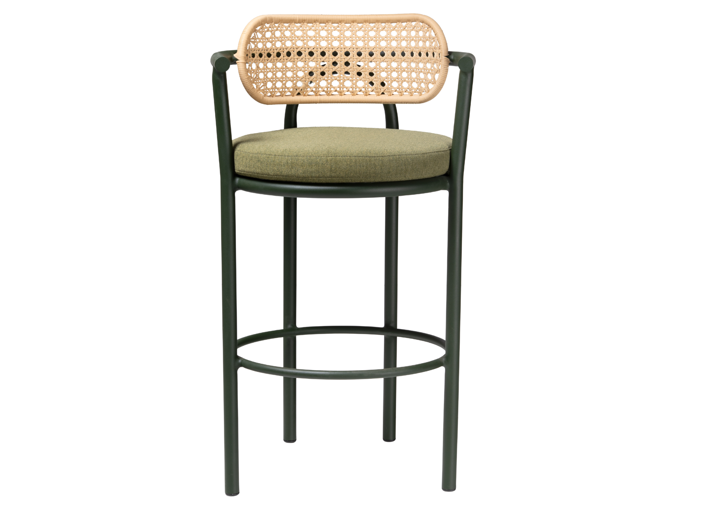 Banqueta Hard com estrutura em alumínio verde e encosto em palhinha natural, ideal para áreas externas elegantes e resistentes