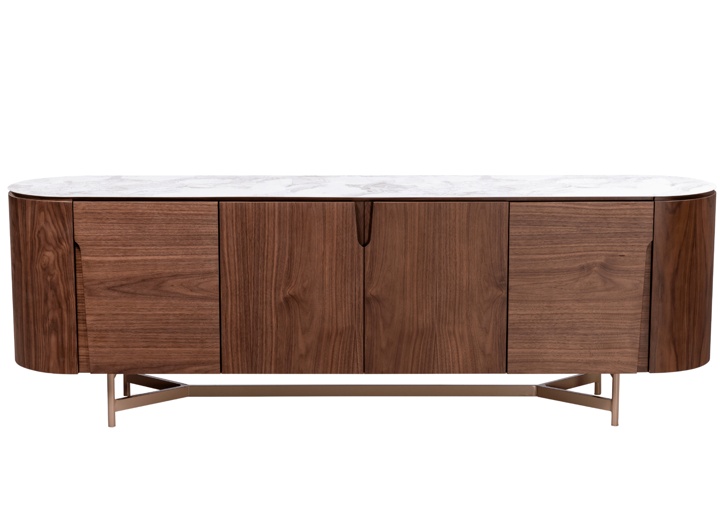 Buffet Davi visto de frente, destacando pés metálicos e design contemporâneo.