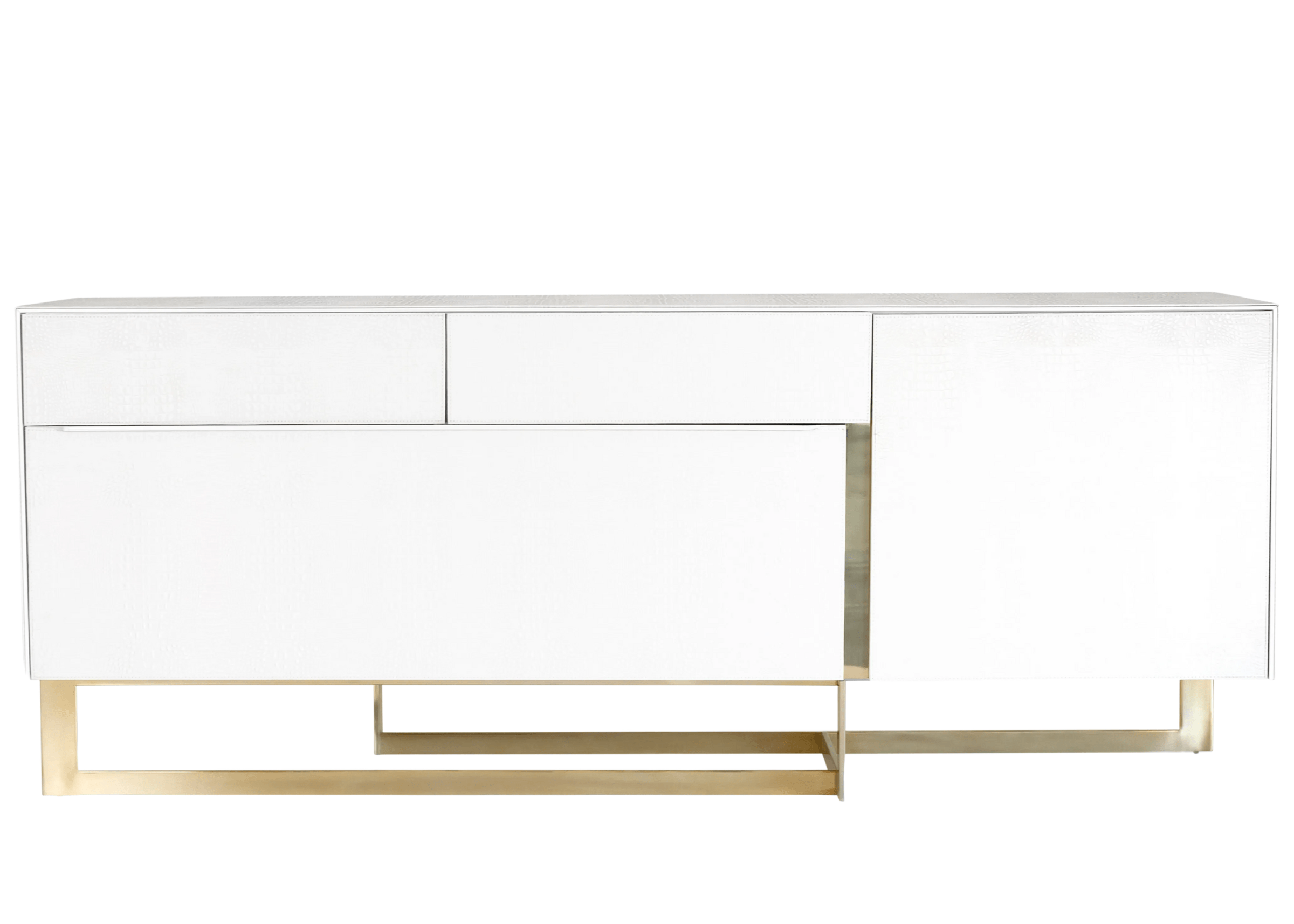 Buffet Deise branco em MDF com base em aço inox, gavetas amplas ideal para salas de jantar modernas.