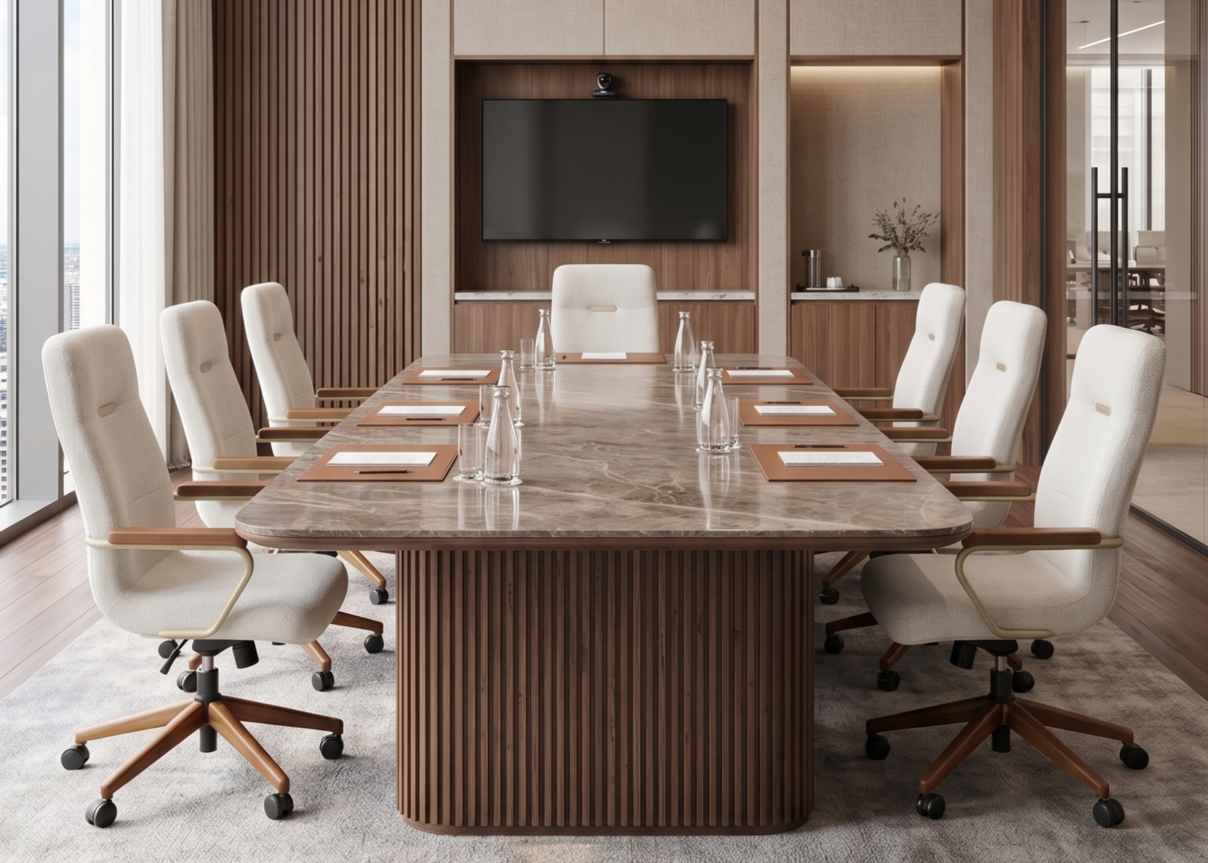 Cadeira de Escritório Breno em tecido claro com base em madeira e braços sofisticados, unindo conforto e design contemporâneo.