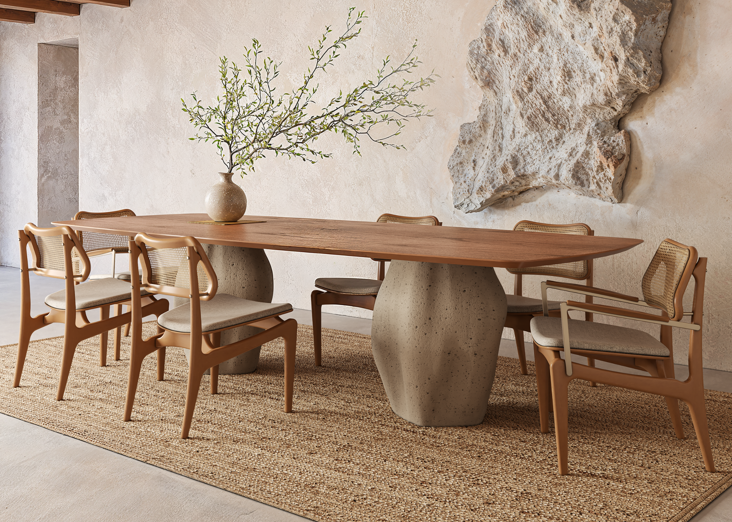 Cadeira Doha com design orgânico e materiais nobres, ideal para compor salas elegantes e funcionais.
