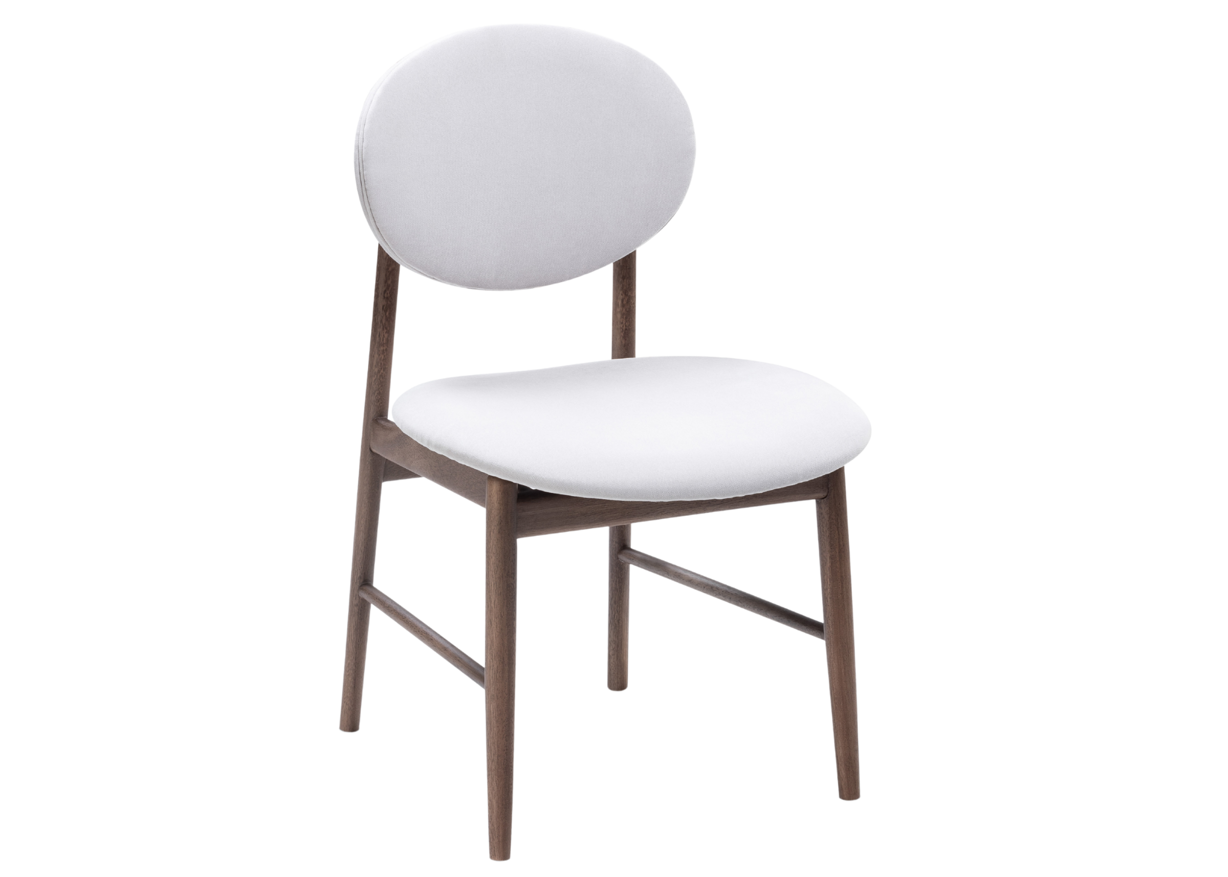 Cadeira Less com estrutura em madeira maciça e assento estofado claro, design minimalista para salas sofisticadas.