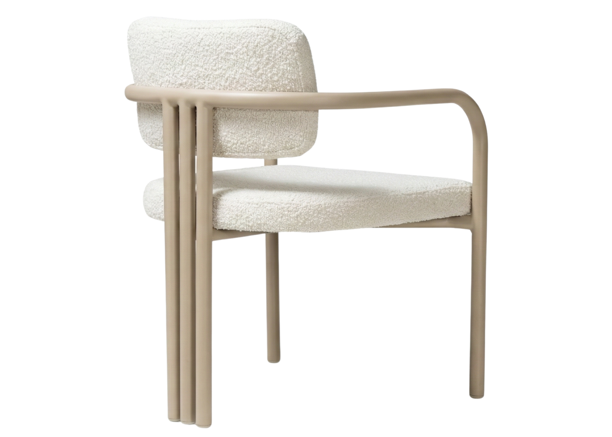 Cadeira Lina para area externa com assento estofado, encosto ergonômico e estrutura resistente em alumínio de design refinado.