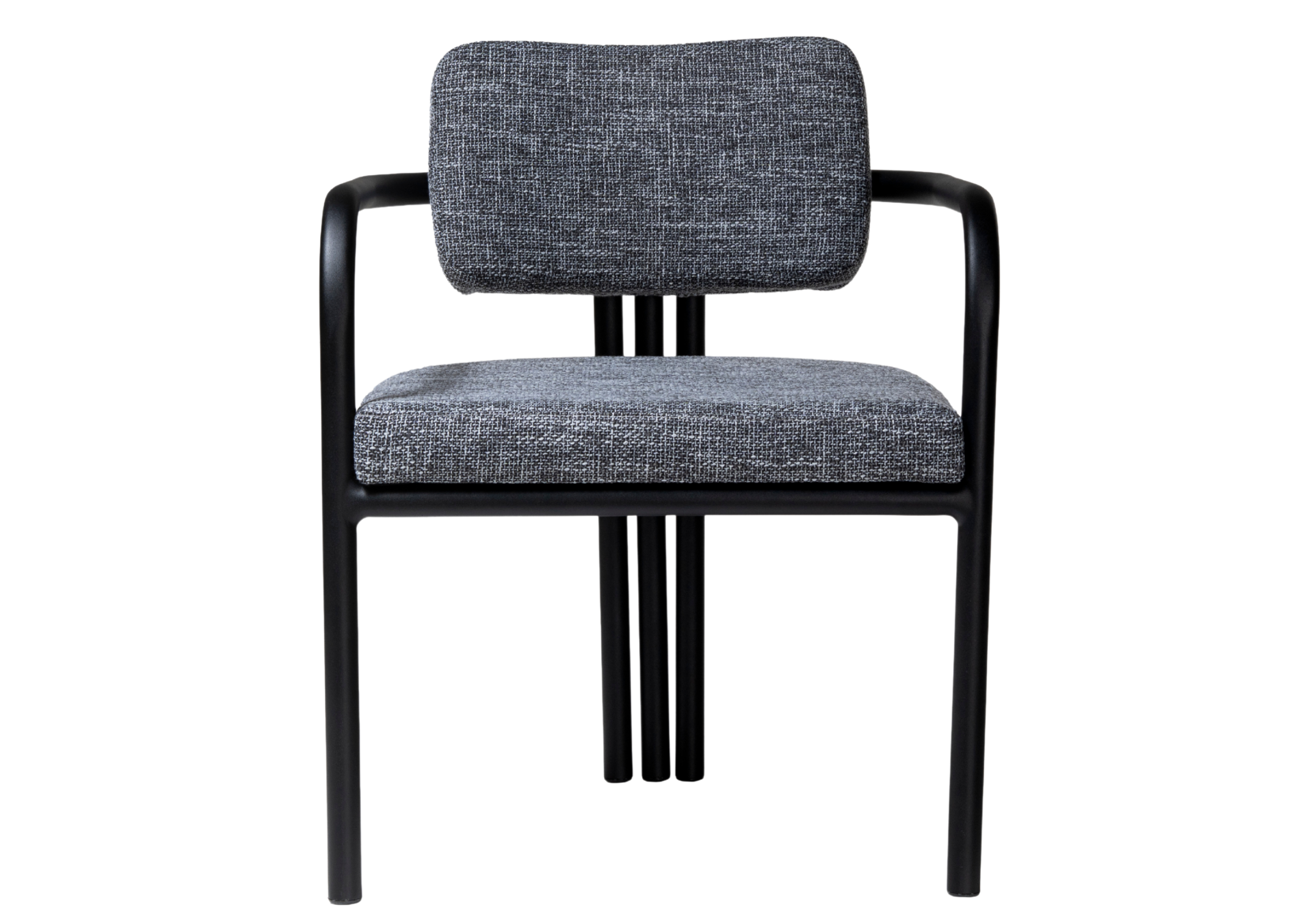 Cadeira Lina com estrutura em alumínio pintado, assento e encosto estofados impermeáveis e design contemporâneo para ambientes sofisticados.