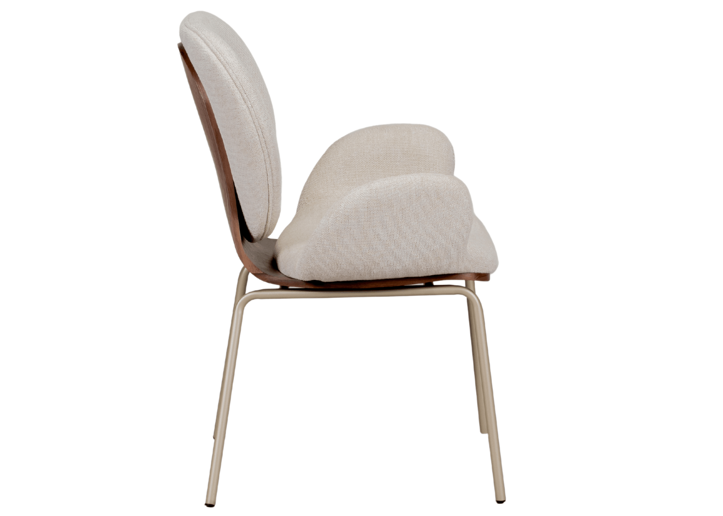 Cadeira Luidy com braços integrados e estofado claro, ideal para sala de jantar moderna e sofisticada.