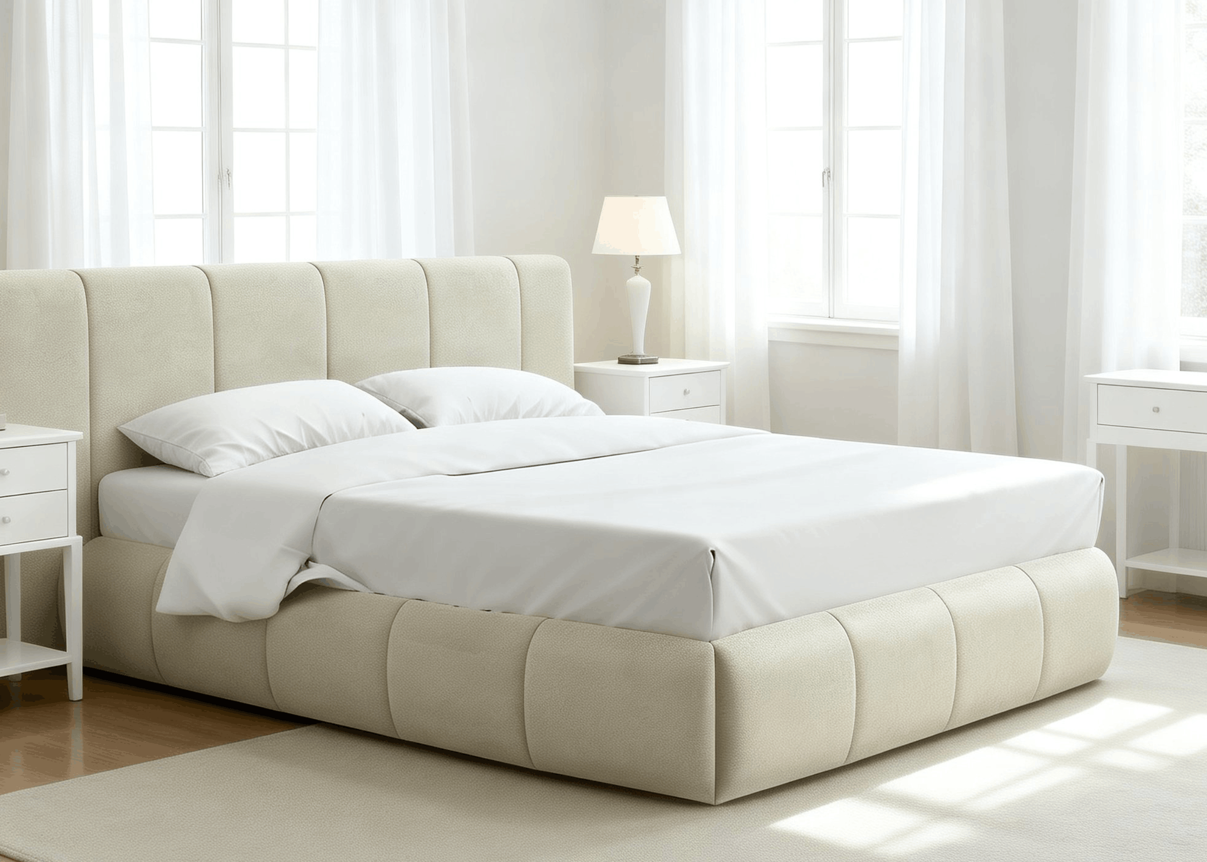 Cama Ninho com estrutura baixa e estofamento contínuo, destaque para linhas suaves e acabamento elegante.