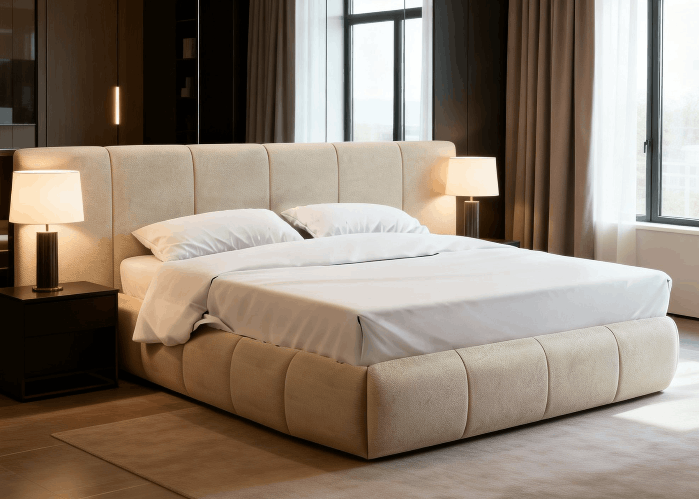 Detalhe da cabeceira da Cama Ninho com módulos verticais e tecido texturizado, unindo conforto e sofisticação.