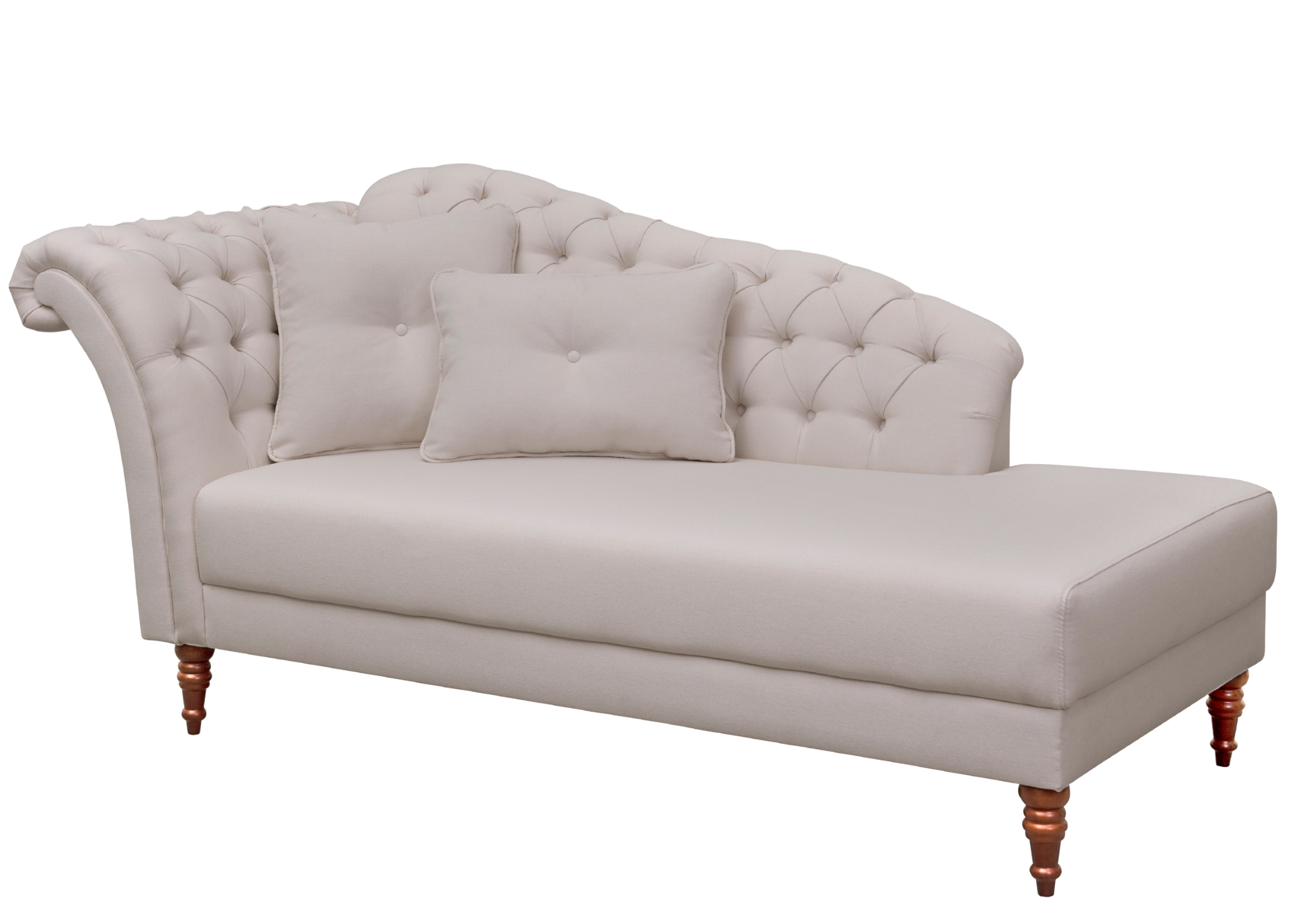 Chaise Elisa com encosto capitonê e botões forrados, estofado elegante para salas clássicas e sofisticadas.