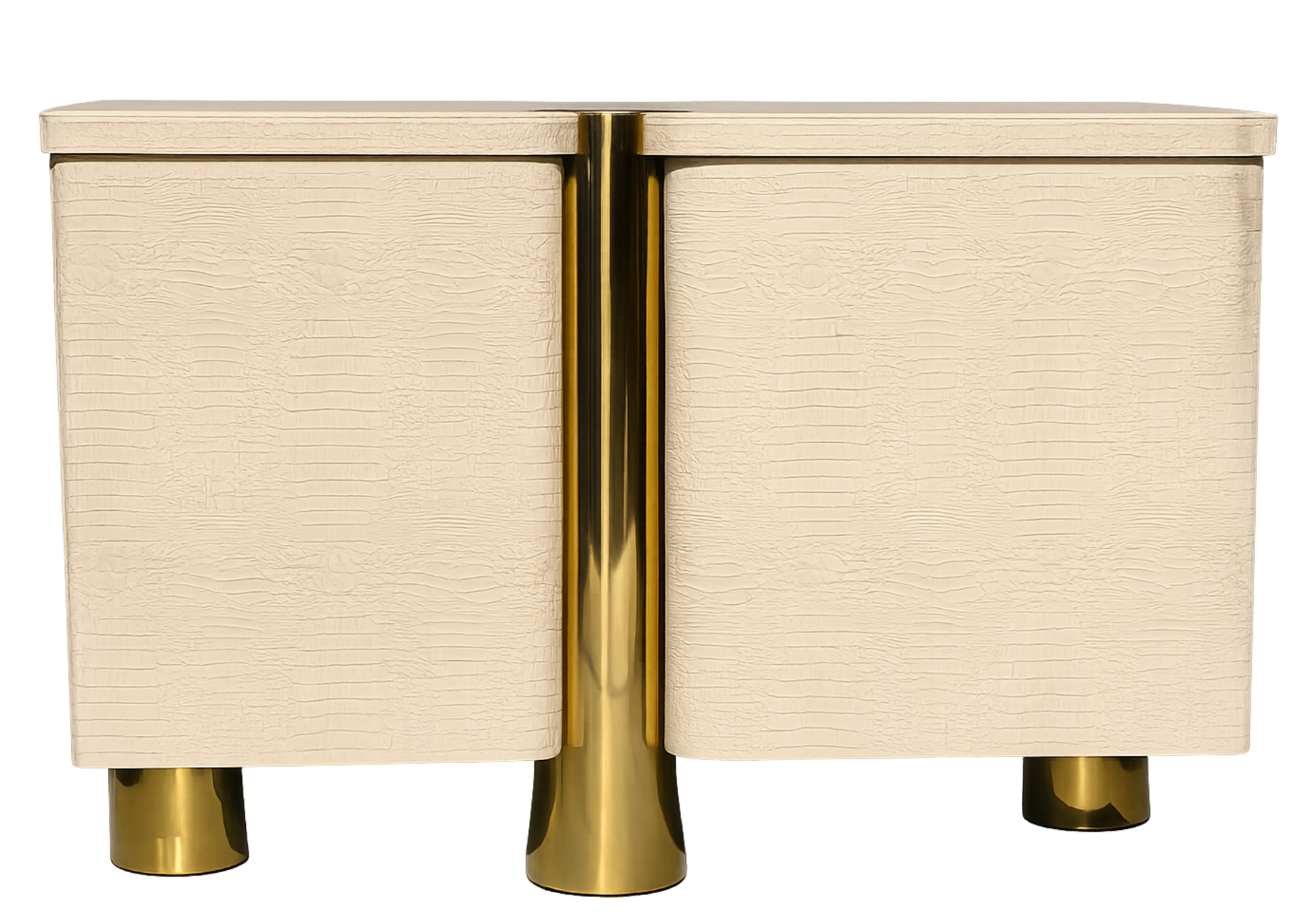 Cômoda Heron com acabamento em laca revestida em croco e base em aço inox dourado, design contemporâneo e sofisticado para quartos elegantes.