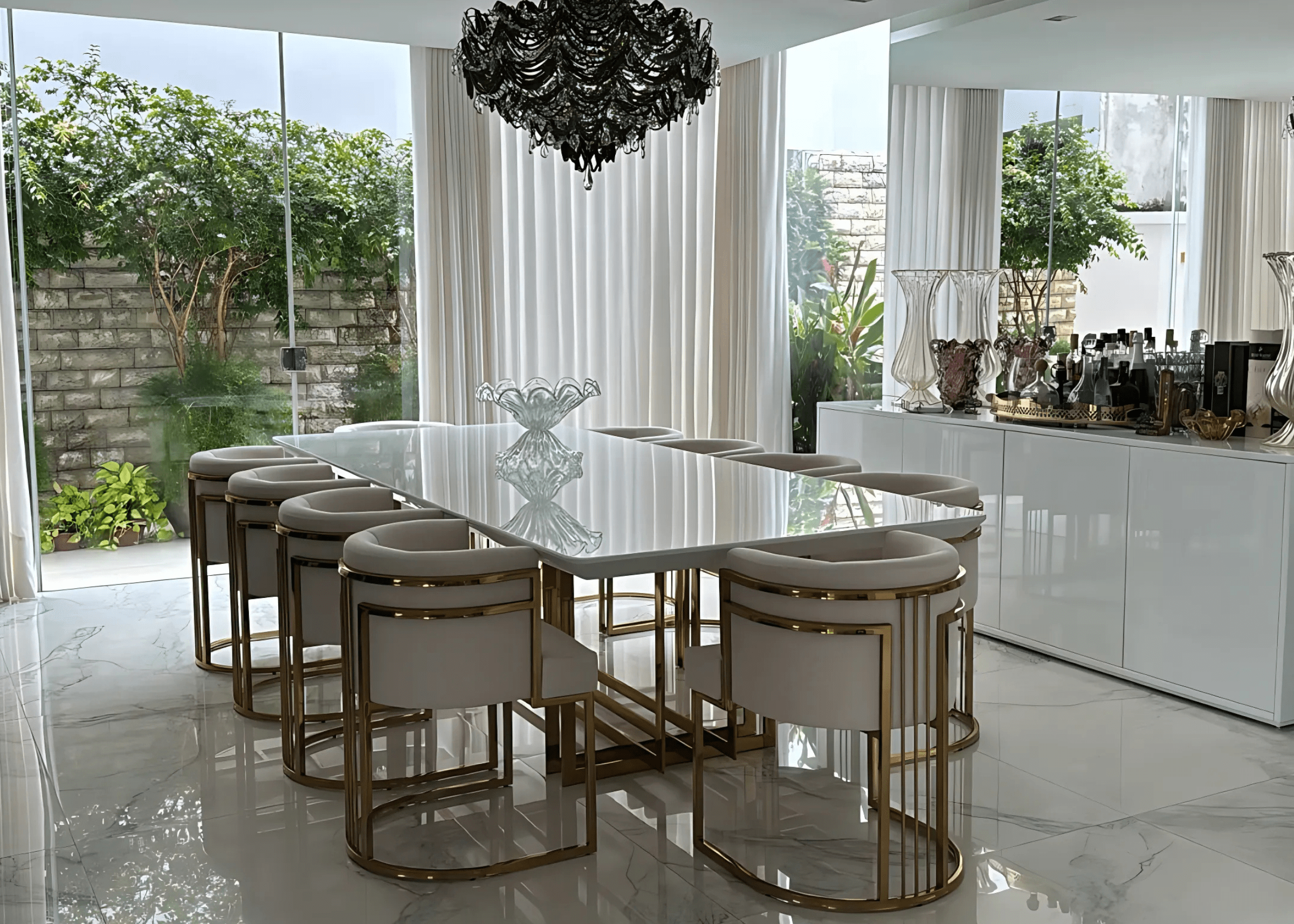Mesa e 10 poltronas de alto padrão em aço inox dourado gold, ideal para decorações modernas e sofisticadas 