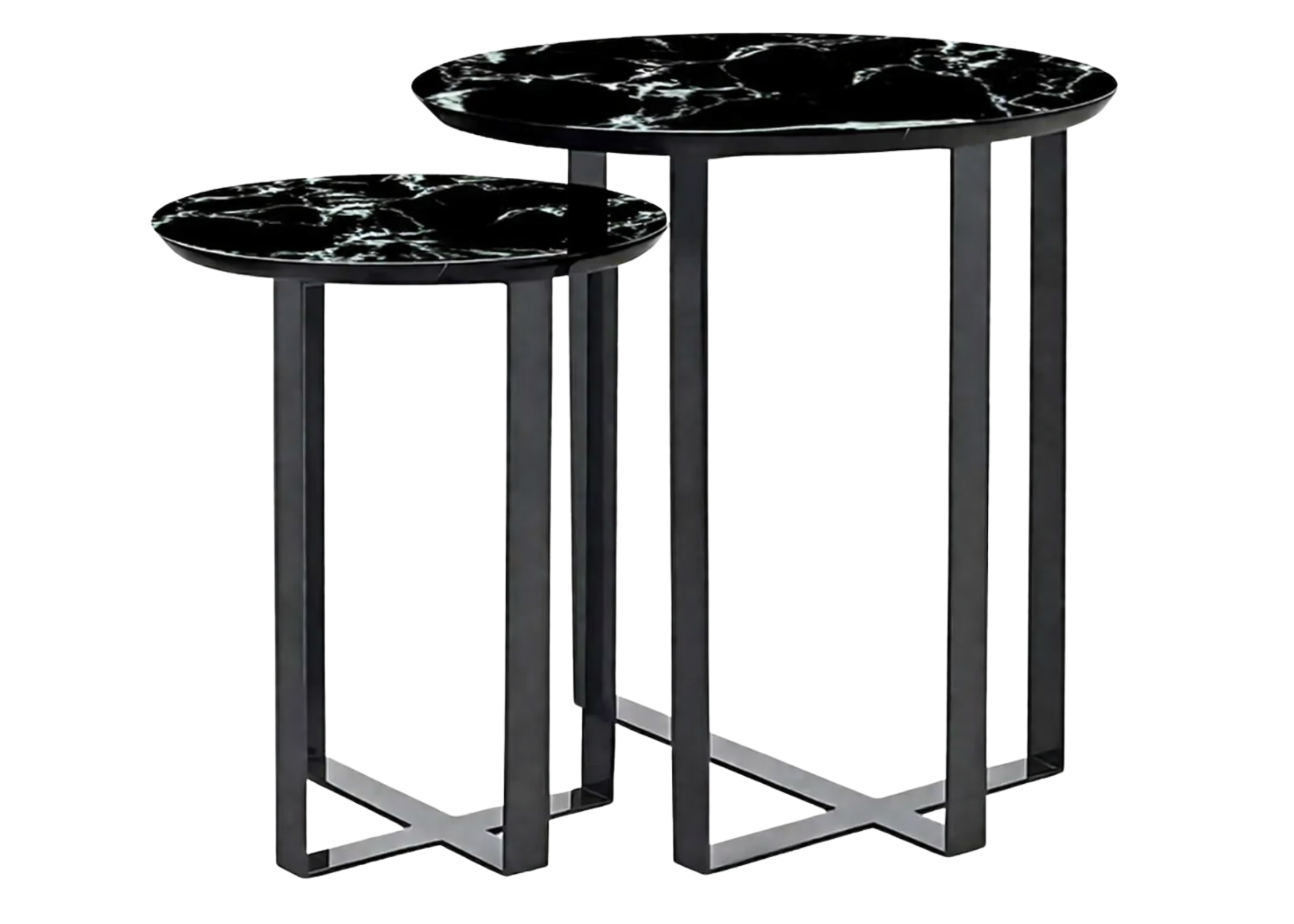 Conjunto de mesas laterais Dreams com base em aço inox e tampos personalizáveis, design moderno para salas sofisticadas.