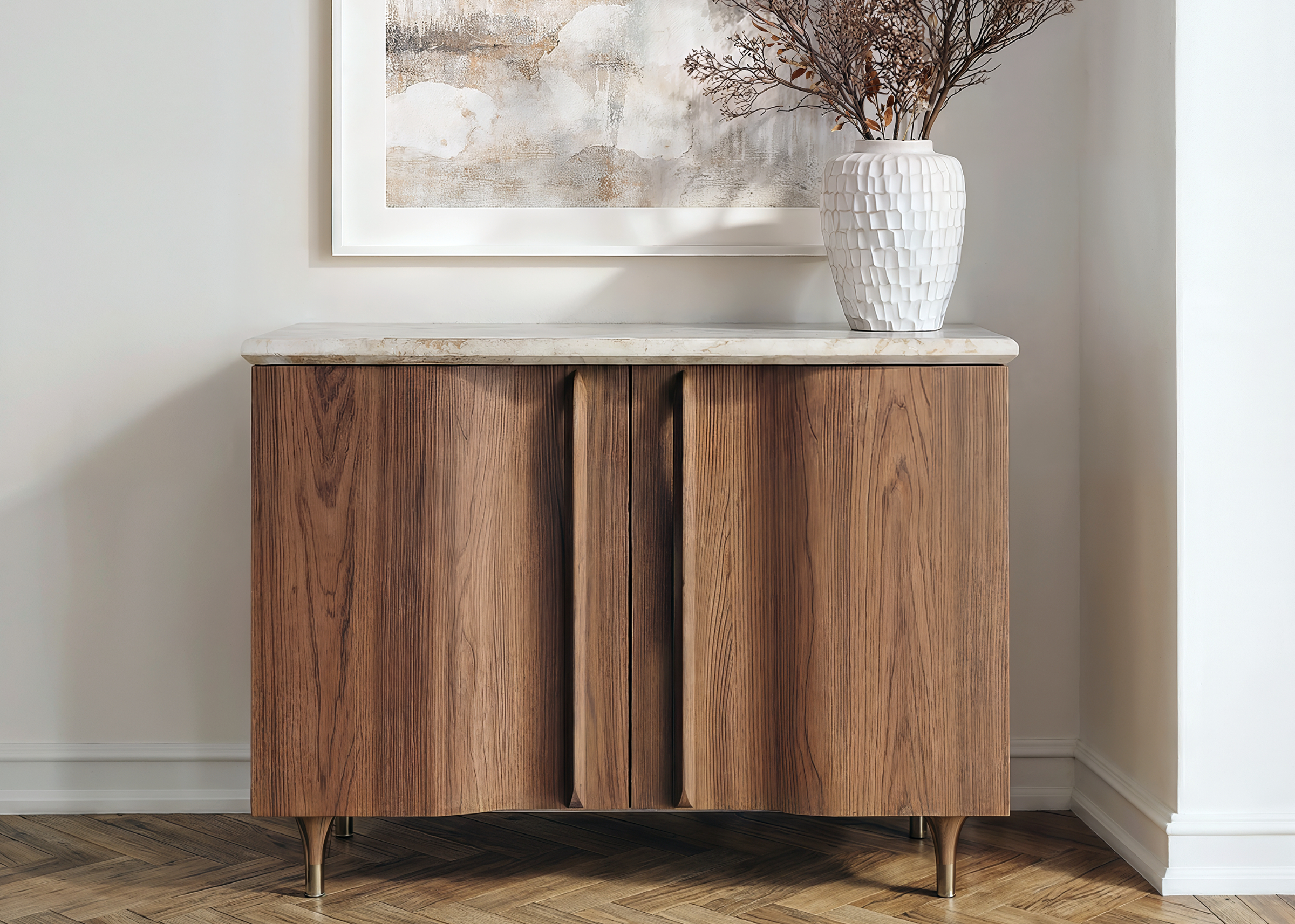 Console Luzia em design contemporâneo com puxadores esculpidos e amplo espaço interno para organização discreta.