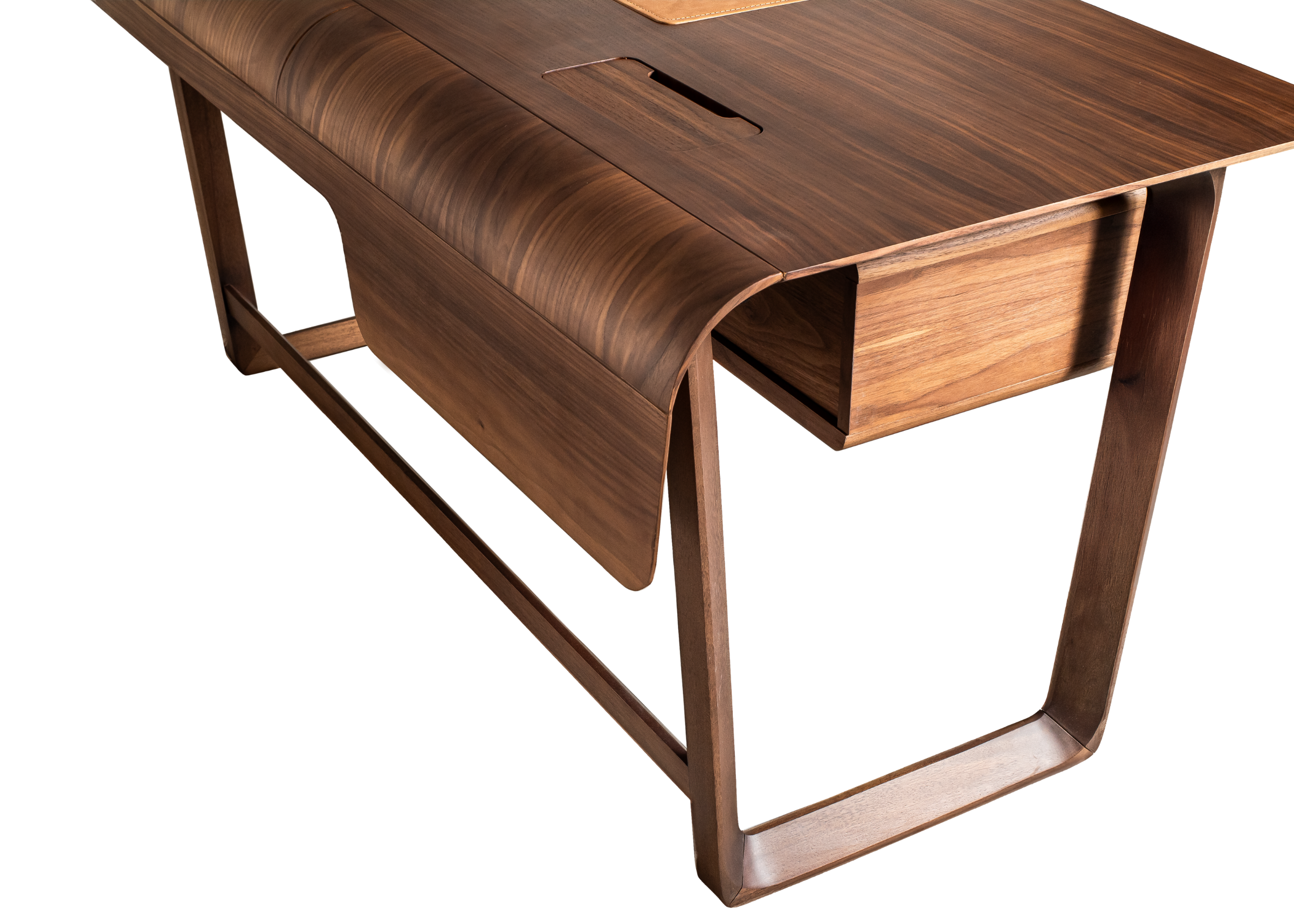Escrivaninha Davi II em madeira natural com detalhe em recouro no tampo, ideal para home office moderno e funcional.