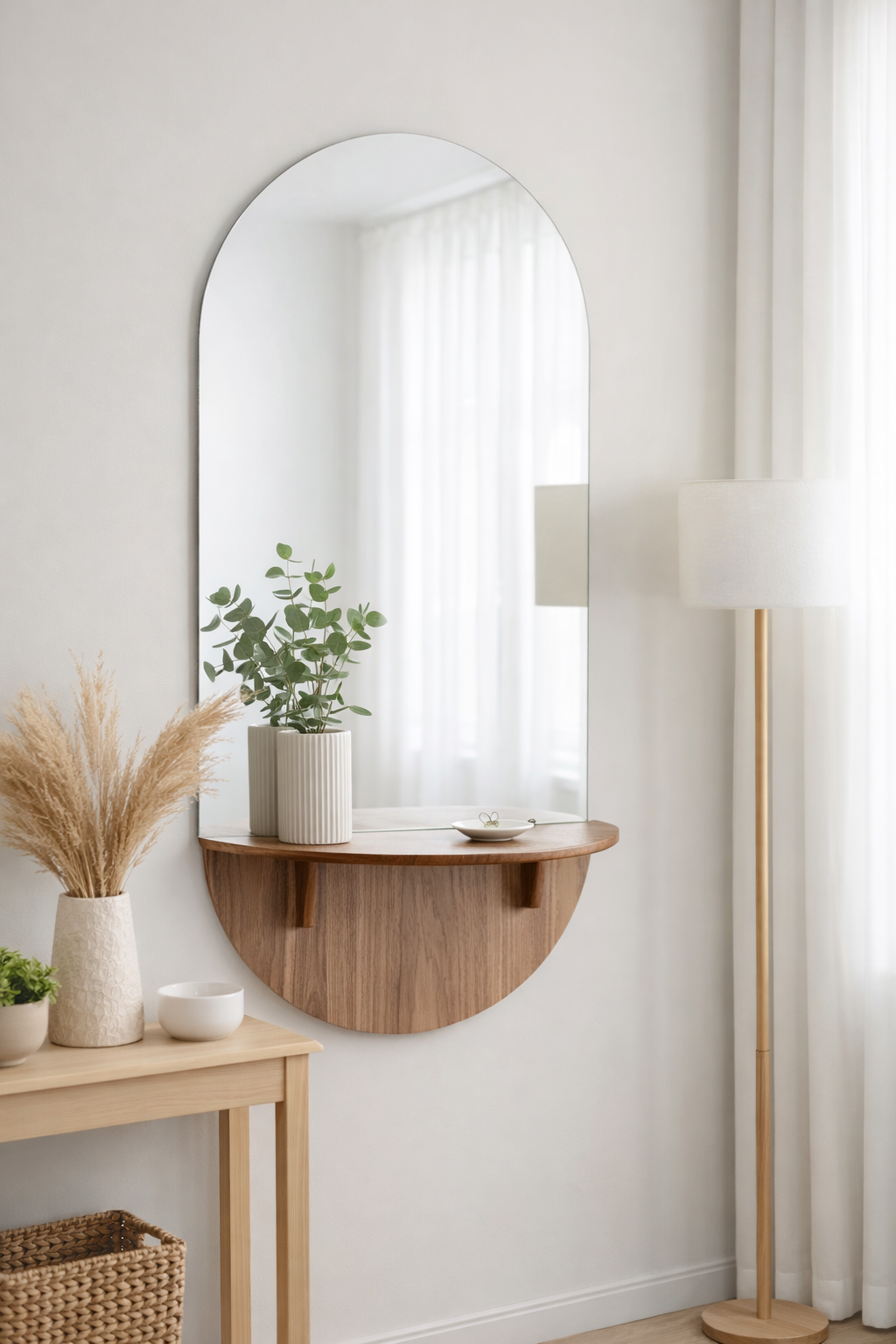 Detalhe do Espelho Match em lâmina de madeira com linhas suaves e proporções equilibradas, decoração sofisticada e atual.