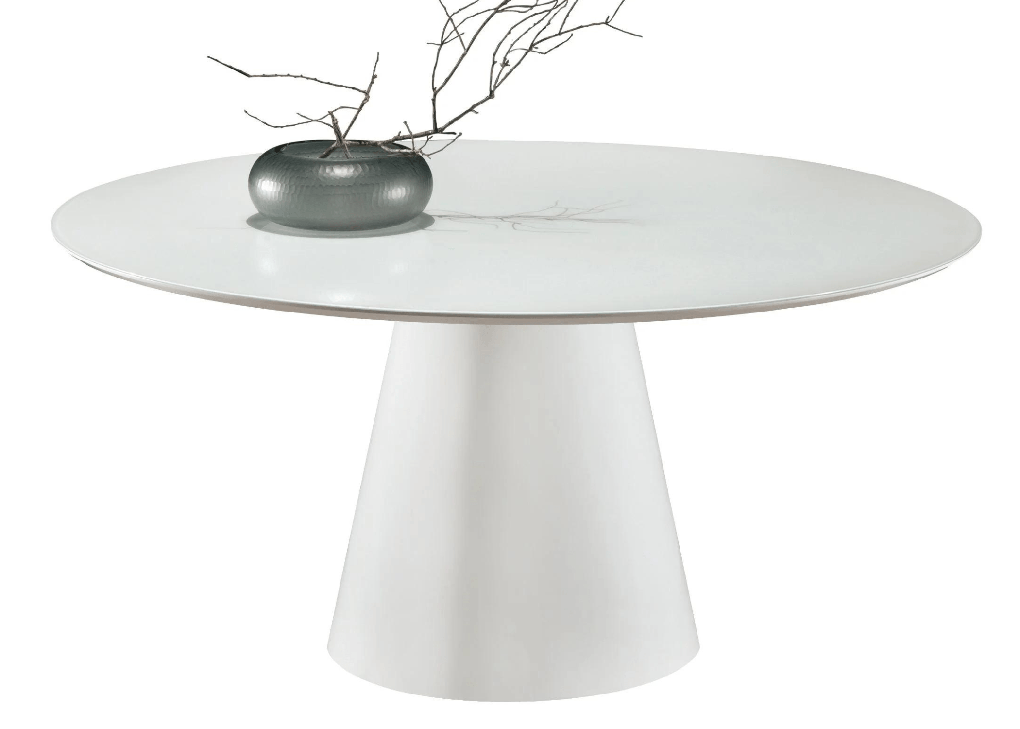 Mesa Cone com base central em formato cônico e acabamento refinado, ideal para ambientes contemporâneos.