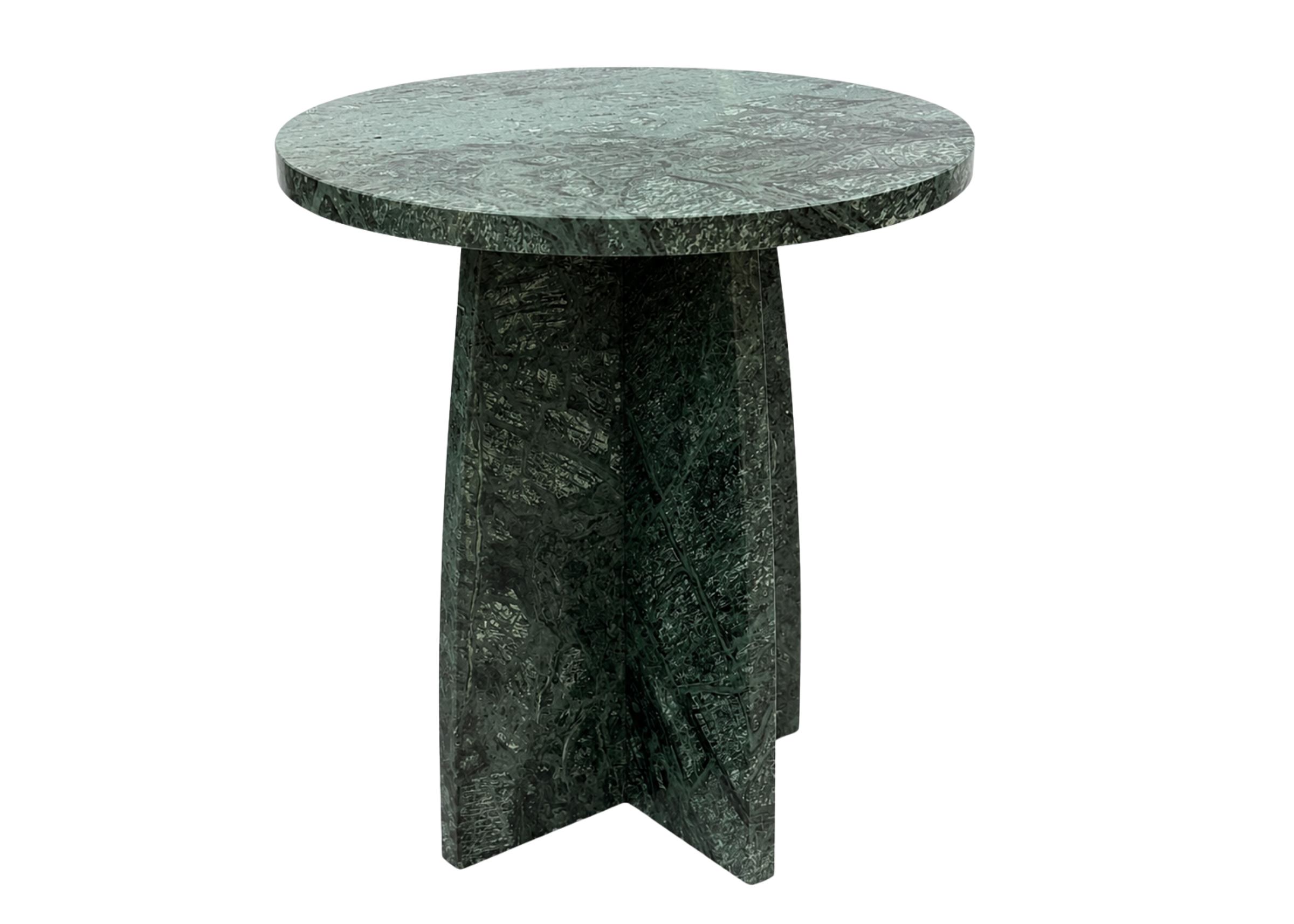 Mesa de Apoio Nilo com tampo redondo em mármore e estrutura inteiramente no mesmo material, destacando veios e tonalidades naturais.
