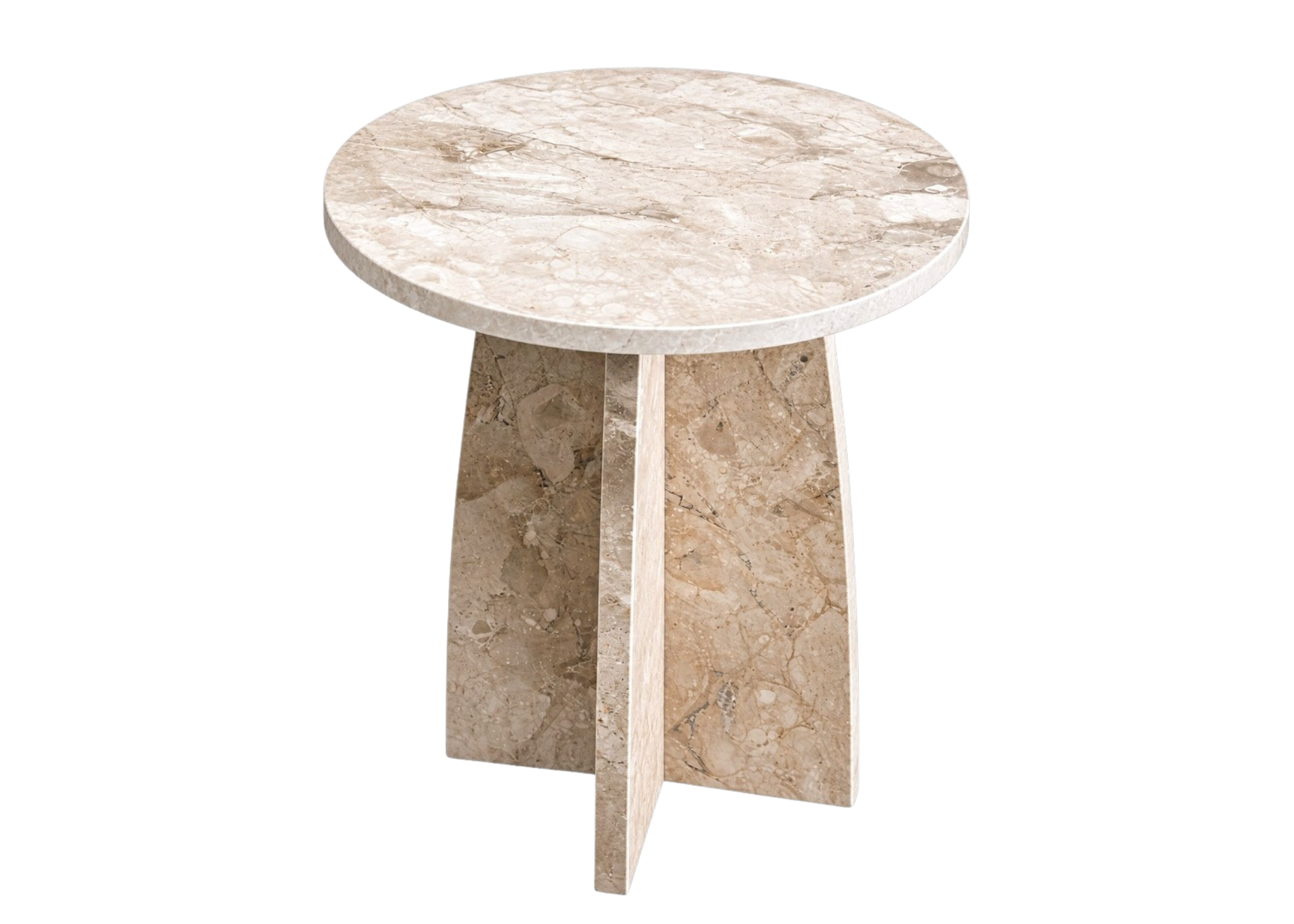 Mesa de Apoio Nilo em mármore travertino com tampo redondo e base geométrica, peça sofisticada para salas de estar e ambientes contemporâneos.